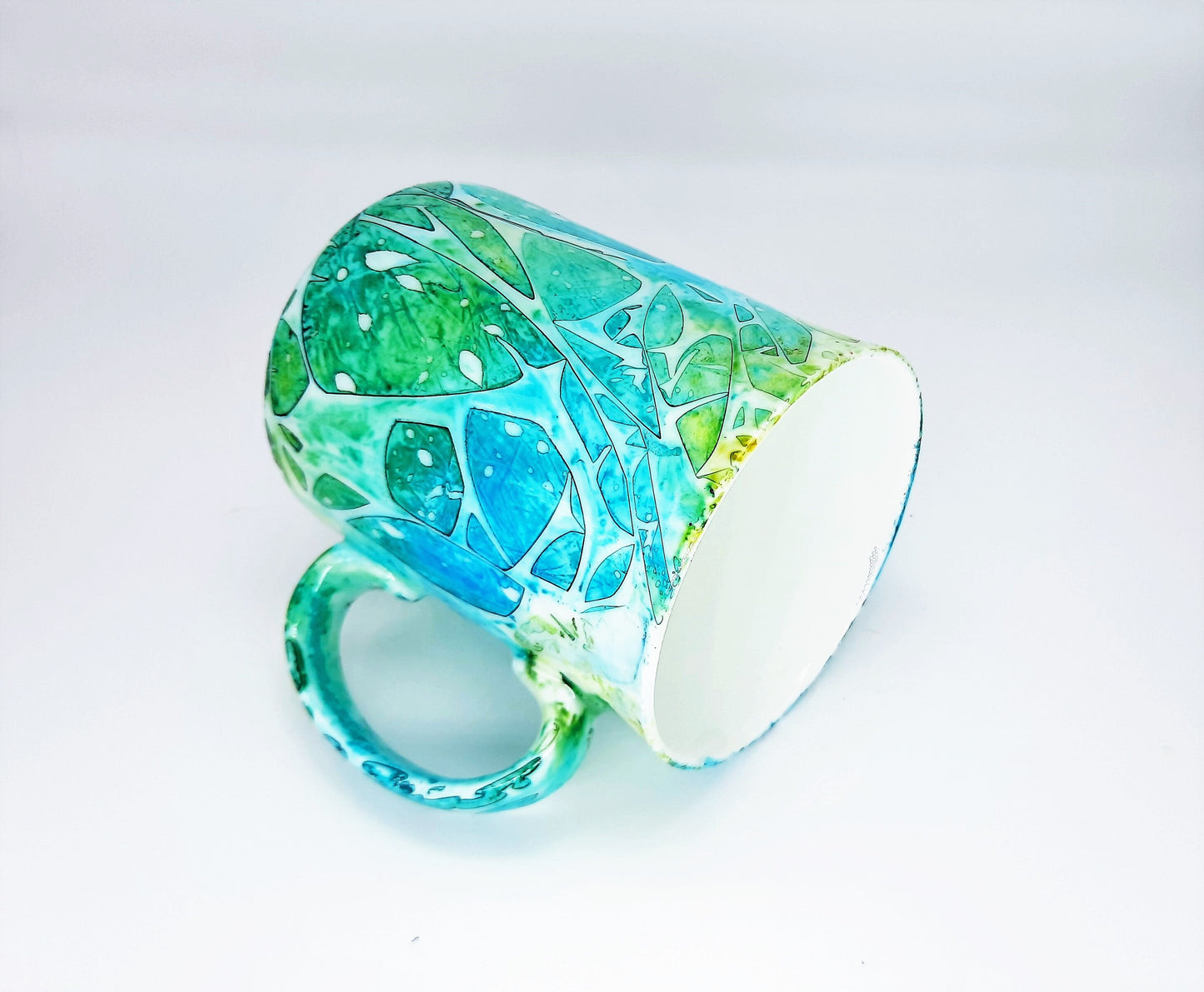 Blue & Green Abstract Alcohol Ink 12 oz Ceramic Coffee Mug, Handpainted and Sealed with Resin, One of a Kind, Unique, Bright