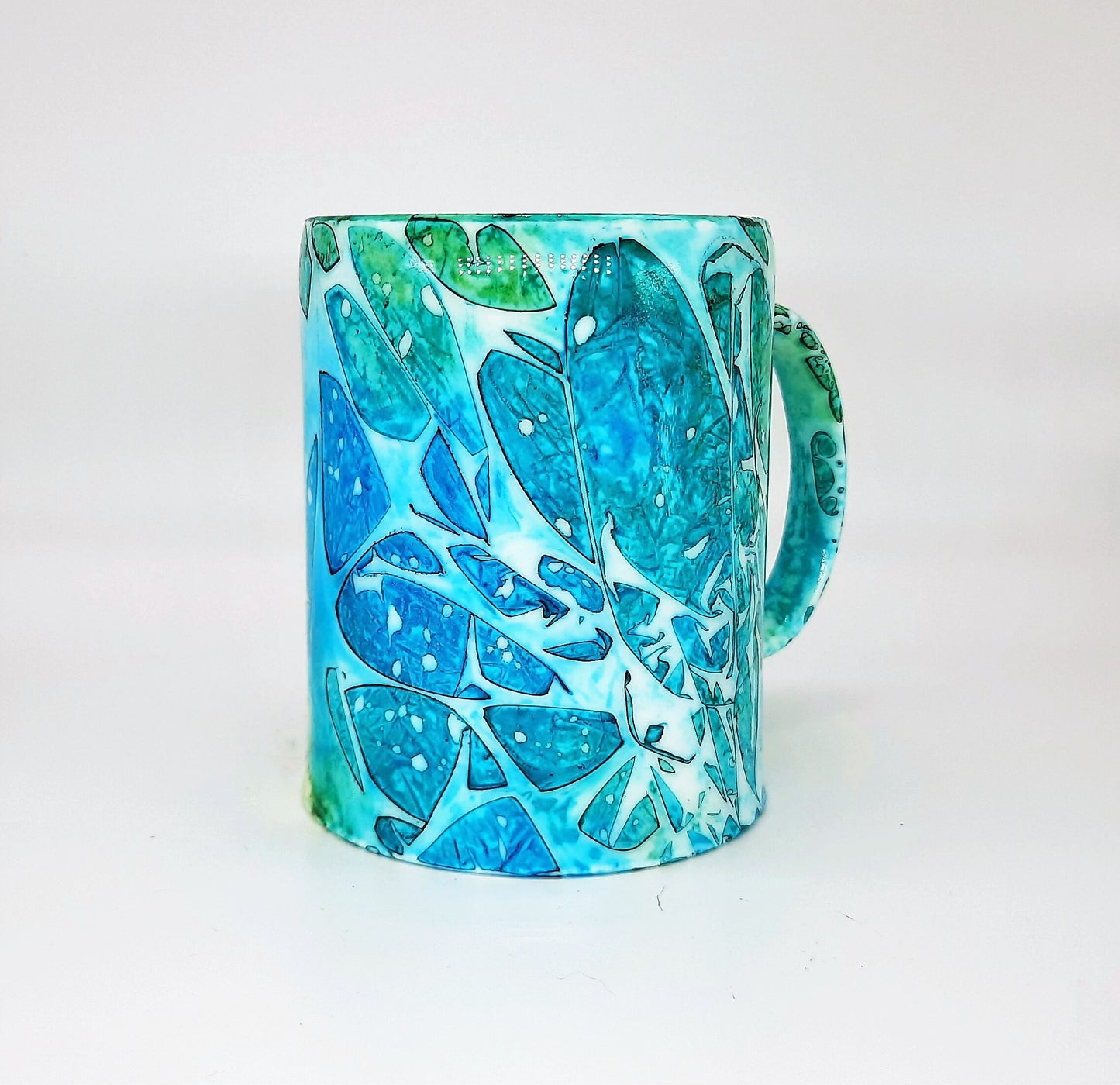 Blue & Green Abstract Alcohol Ink 12 oz Ceramic Coffee Mug, Handpainted and Sealed with Resin, One of a Kind, Unique, Bright