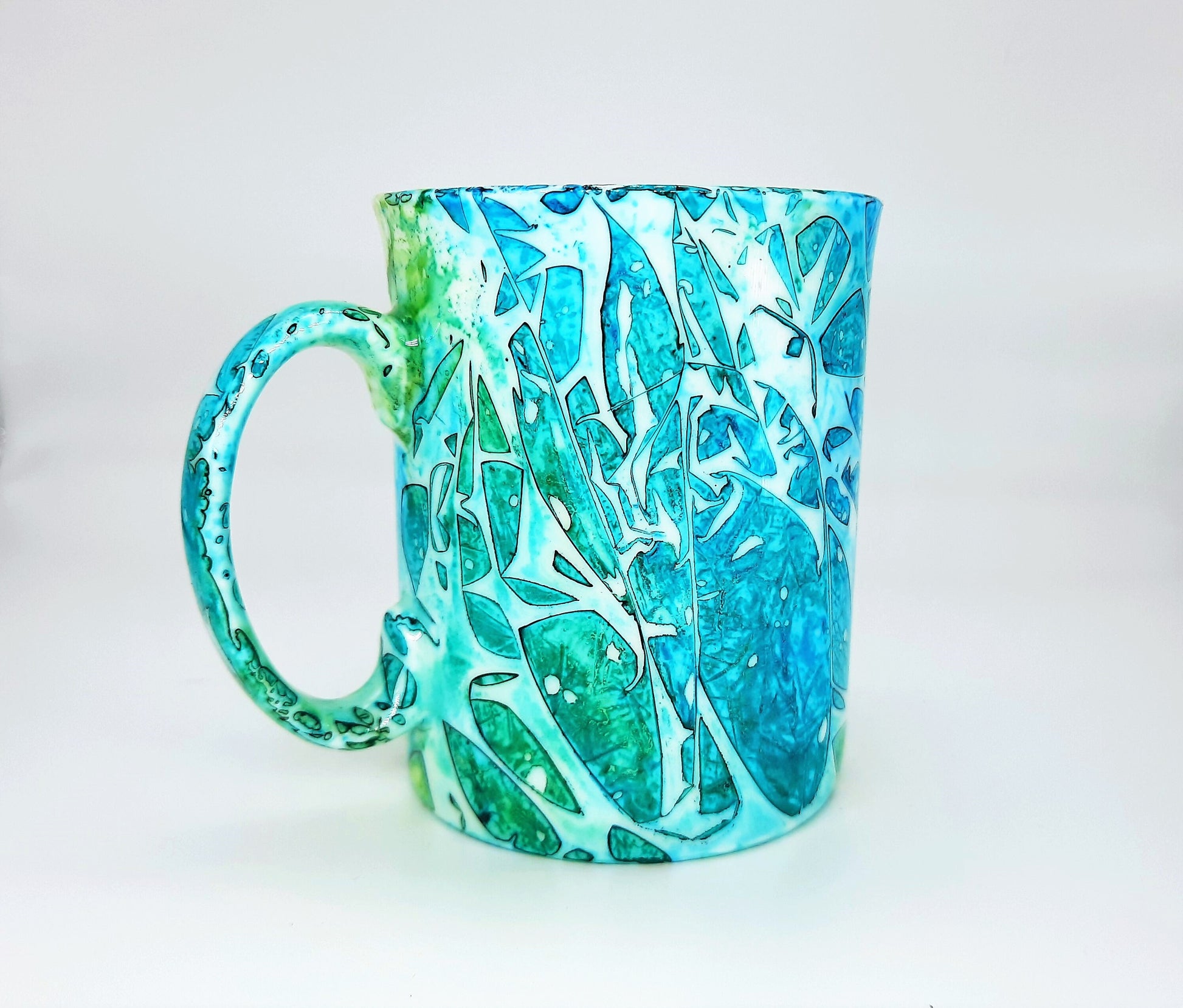 Blue & Green Abstract Alcohol Ink 12 oz Ceramic Coffee Mug, Handpainted and Sealed with Resin, One of a Kind, Unique, Bright