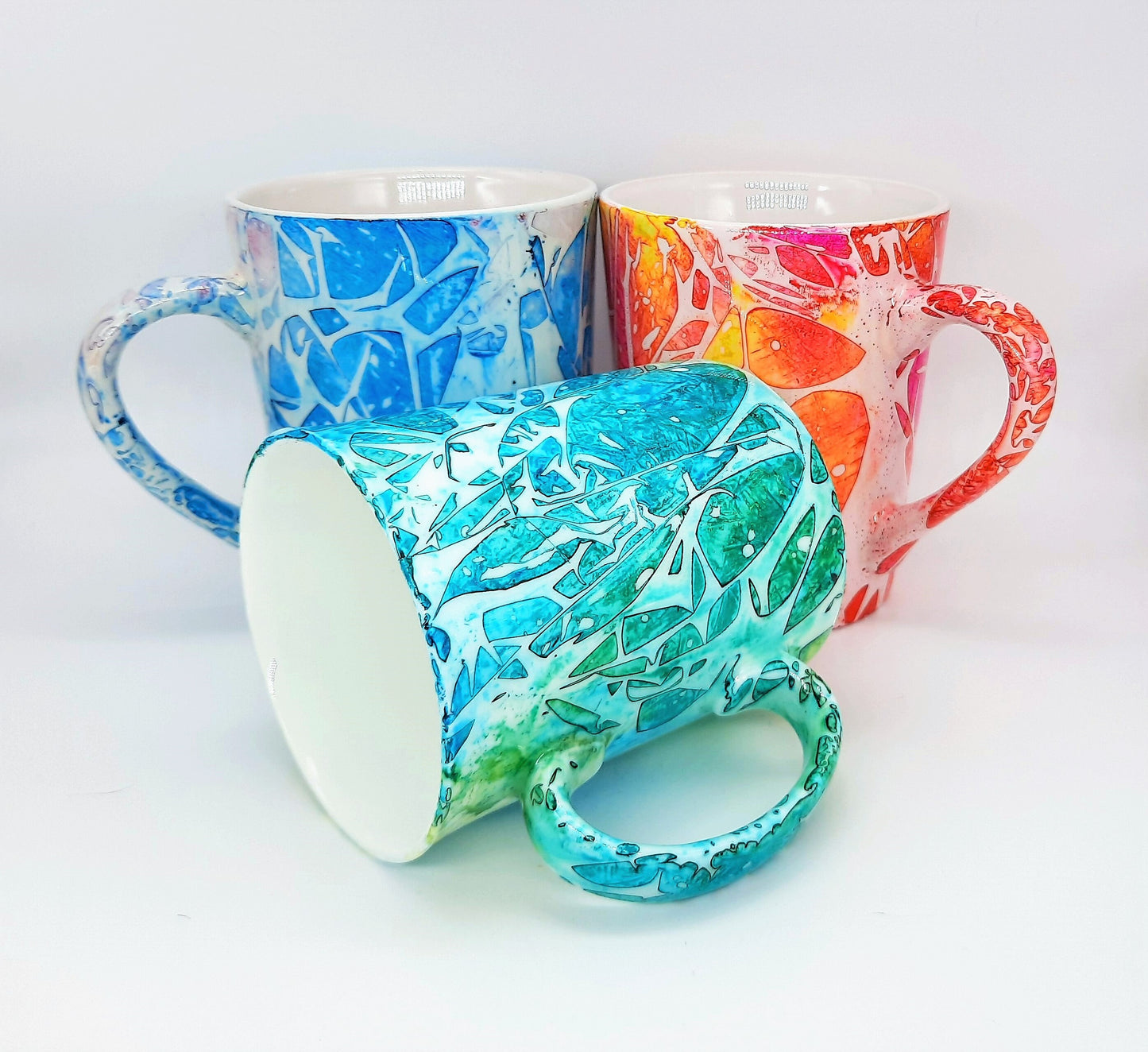 Blue & Green Abstract Alcohol Ink 12 oz Ceramic Coffee Mug, Handpainted and Sealed with Resin, One of a Kind, Unique, Bright