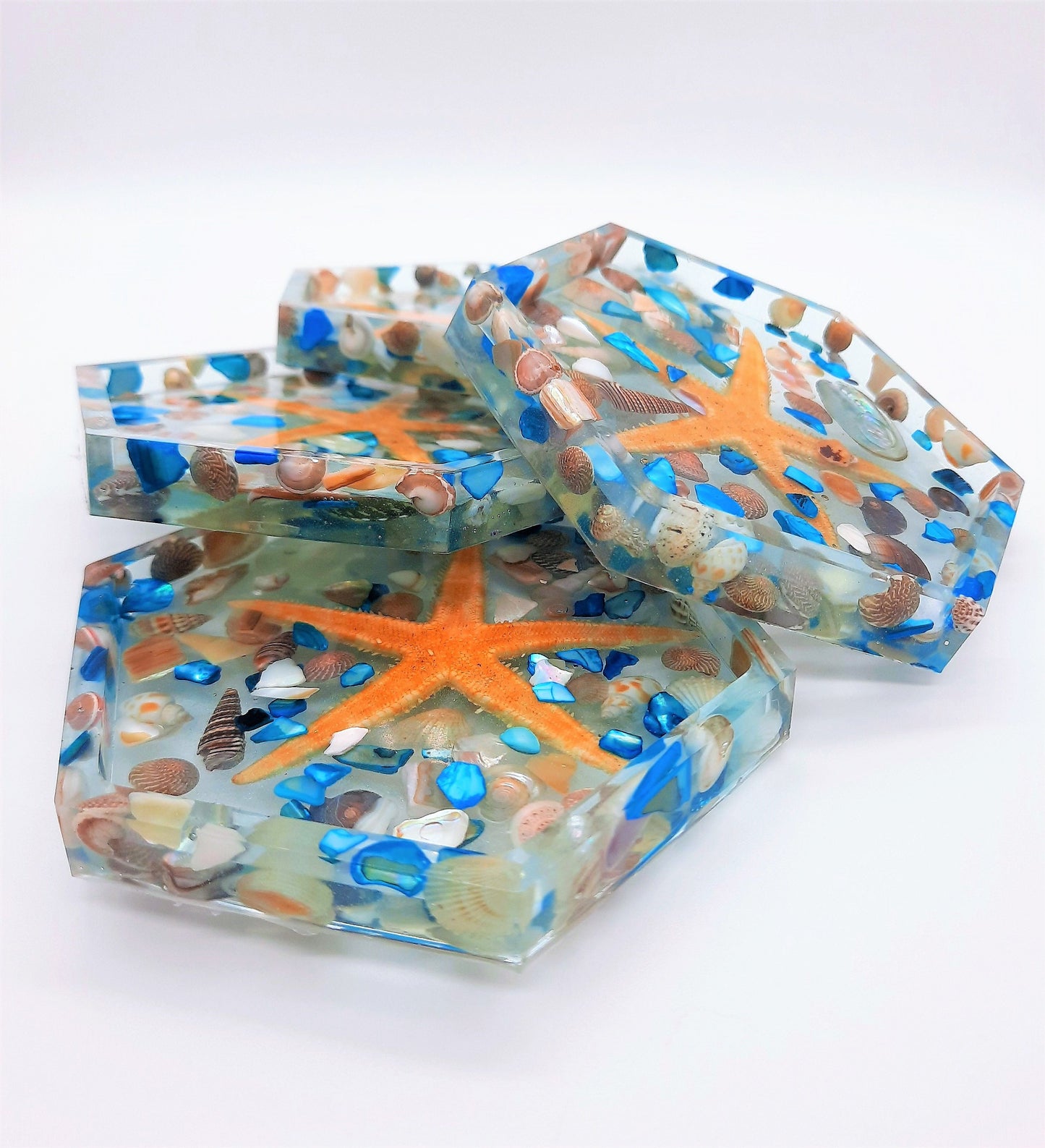 Eco-Friendly Resin Seashell Coasters (Set of 4) w/ Mica Powder, Starfish, Sand Dollar, Abalone, and Sea Shells, Round, Square, or Hexagon