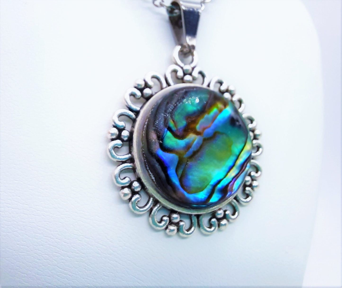 Abalone / Paua Seashell Tibetan Style Pendant Necklace - Stainless Steel - Hypoallergenic - Covered with Holographic Powder Infused Resin