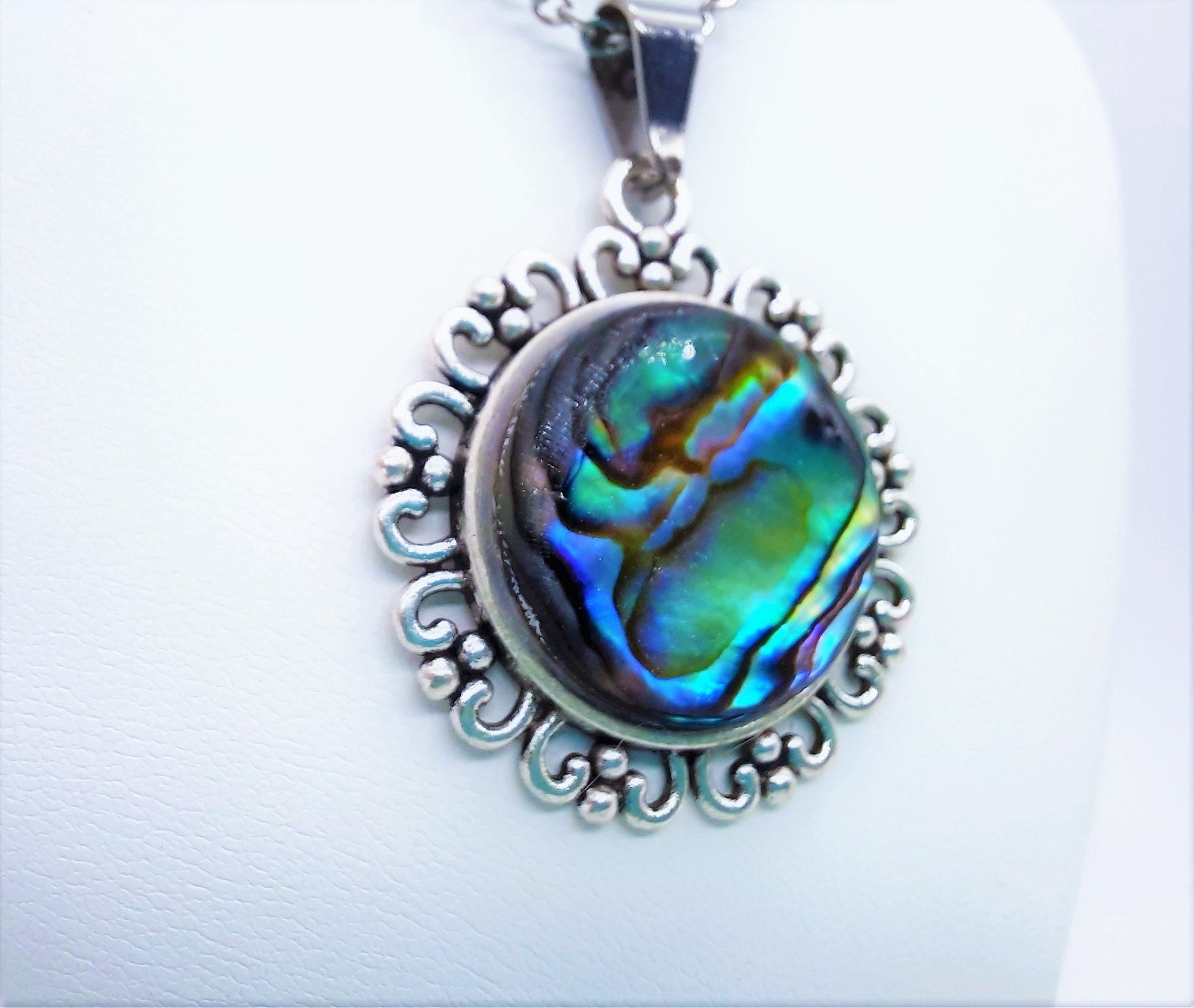 Abalone / Paua Seashell Tibetan Style Pendant Necklace - Stainless Steel - Hypoallergenic - Covered with Holographic Powder Infused Resin