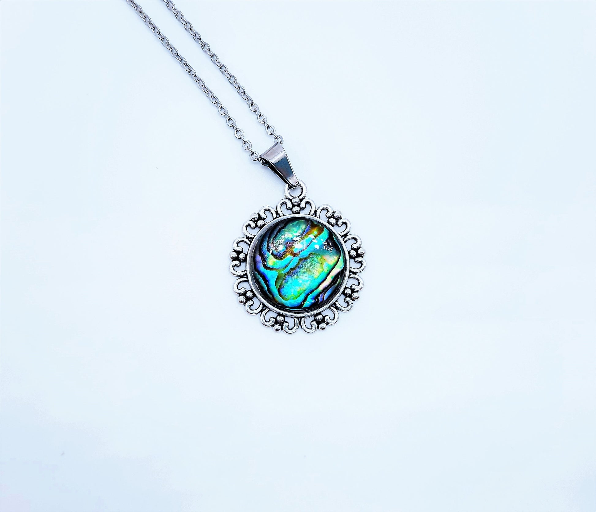 Abalone / Paua Seashell Tibetan Style Pendant Necklace - Stainless Steel - Hypoallergenic - Covered with Holographic Powder Infused Resin