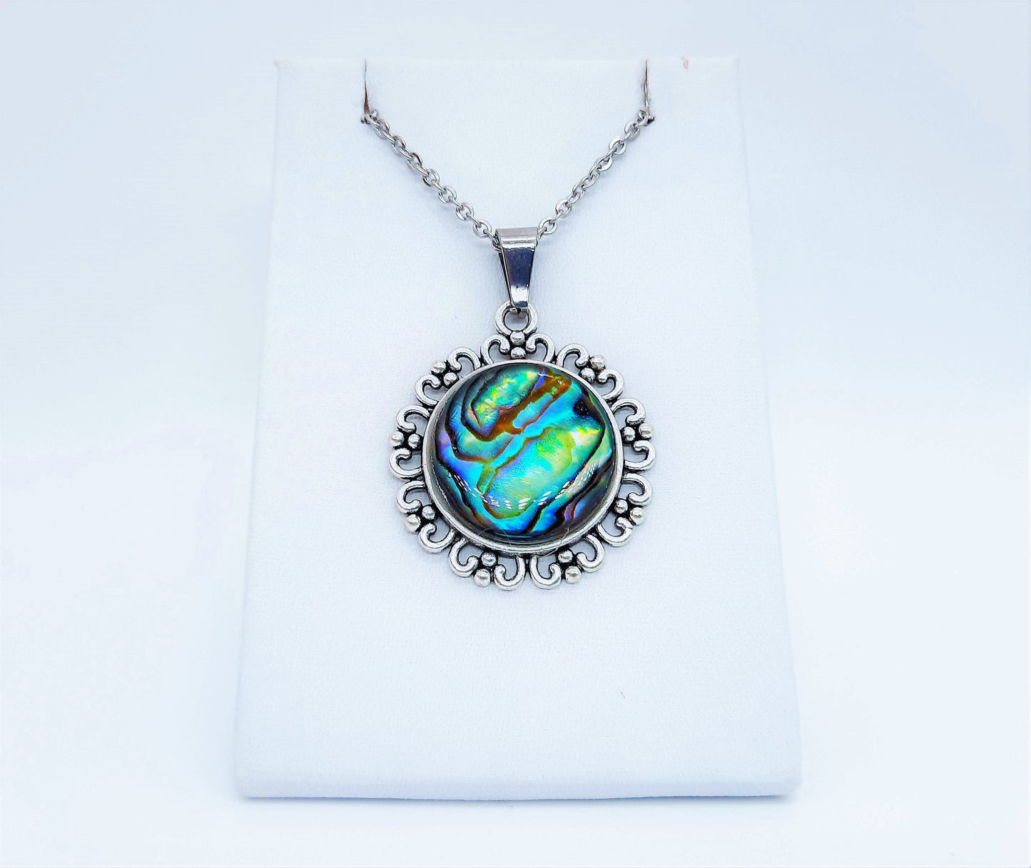 Abalone / Paua Seashell Tibetan Style Pendant Necklace - Stainless Steel - Hypoallergenic - Covered with Holographic Powder Infused Resin