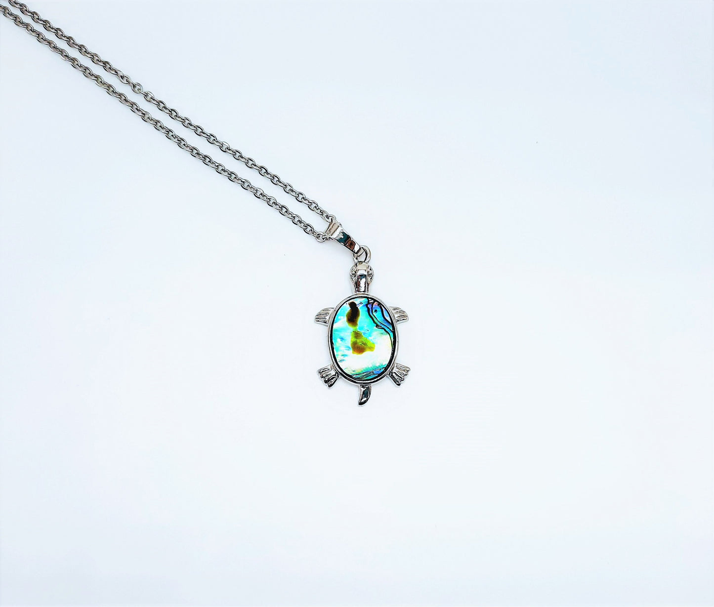 Abalone / Paua Small Sea Turtle Pendant Necklace - Stainless Steel Hypoallergenic Chain-Lobster Claw Closure - Silver-Coated Brass Pendant