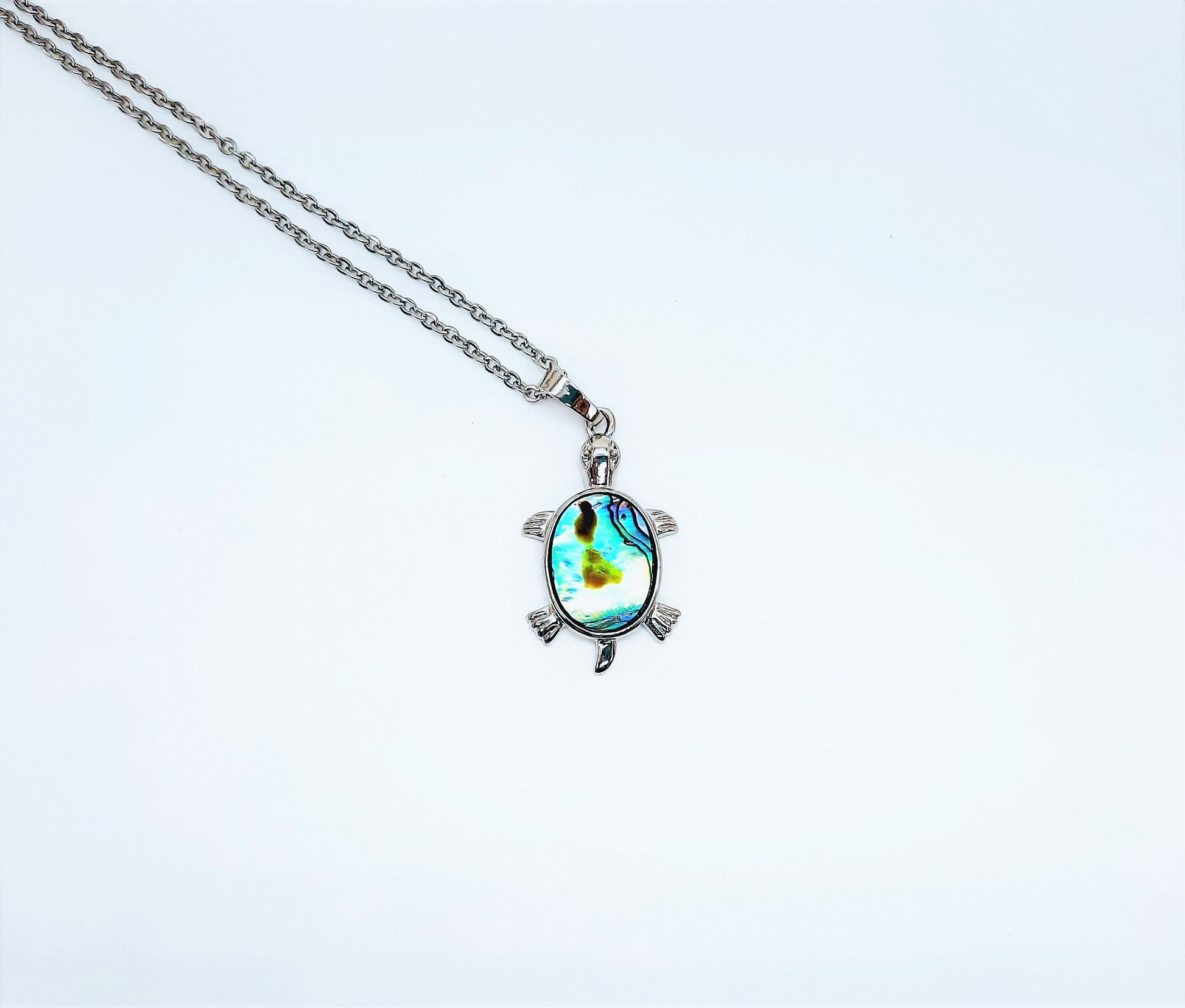 Abalone / Paua Small Sea Turtle Pendant Necklace - Stainless Steel Hypoallergenic Chain-Lobster Claw Closure - Silver-Coated Brass Pendant