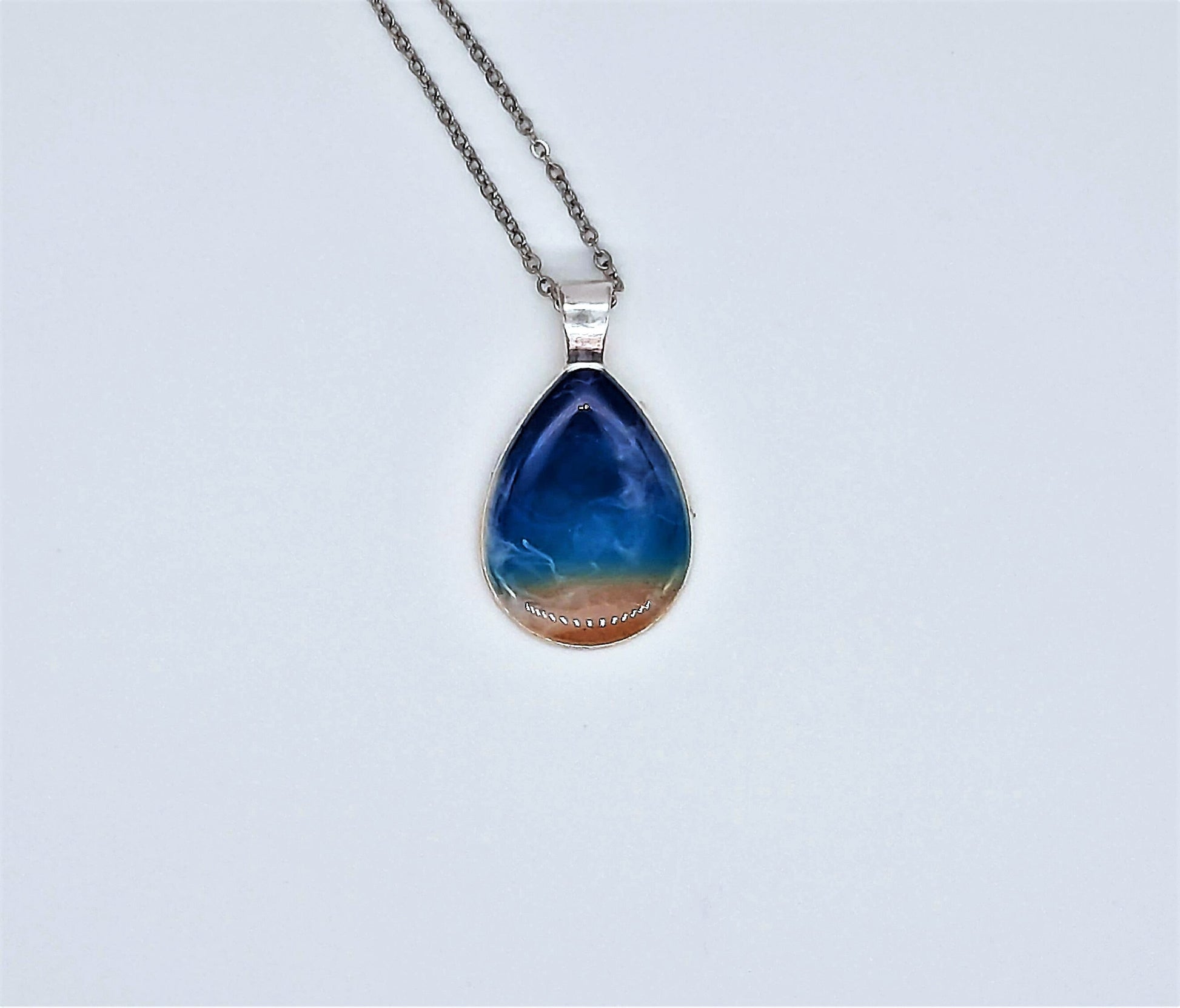 Resin Waves Teardrop Shaped Ocean Pendant / Beach Scene Necklace, Handmade with Resin and Real Sand - One of a Kind - Not a Photograph