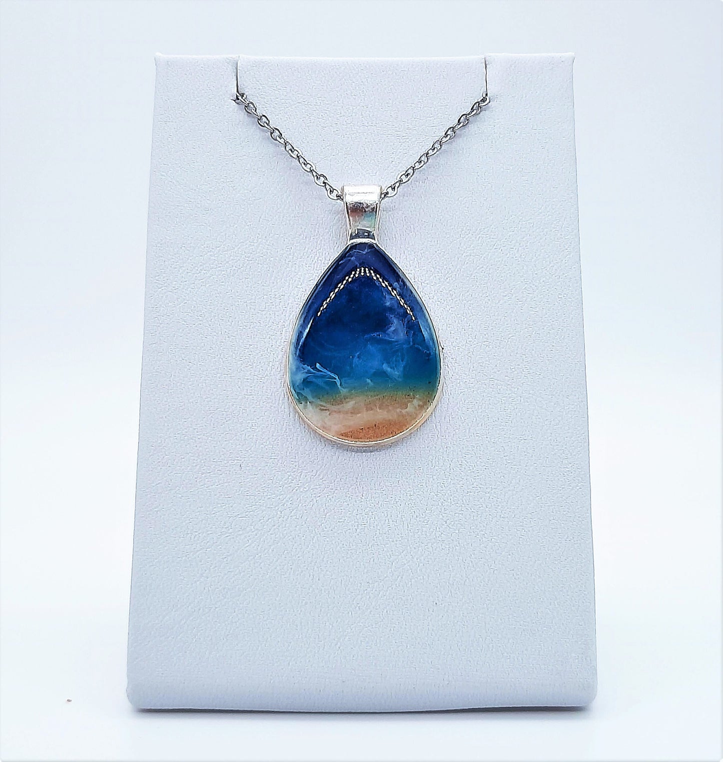 Resin Waves Teardrop Shaped Ocean Pendant / Beach Scene Necklace, Handmade with Resin and Real Sand - One of a Kind - Not a Photograph