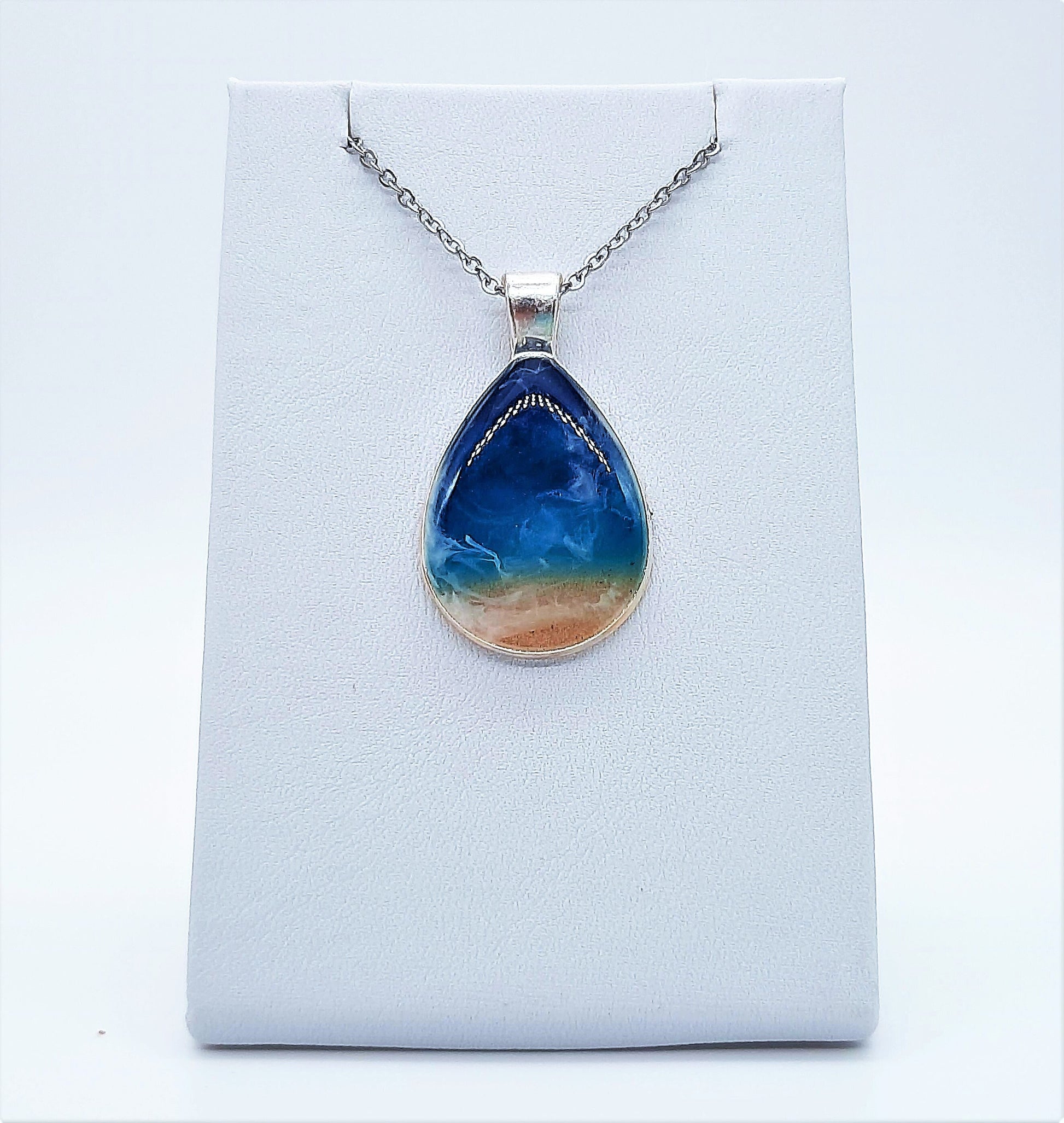Resin Waves Teardrop Shaped Ocean Pendant / Beach Scene Necklace, Handmade with Resin and Real Sand - One of a Kind - Not a Photograph