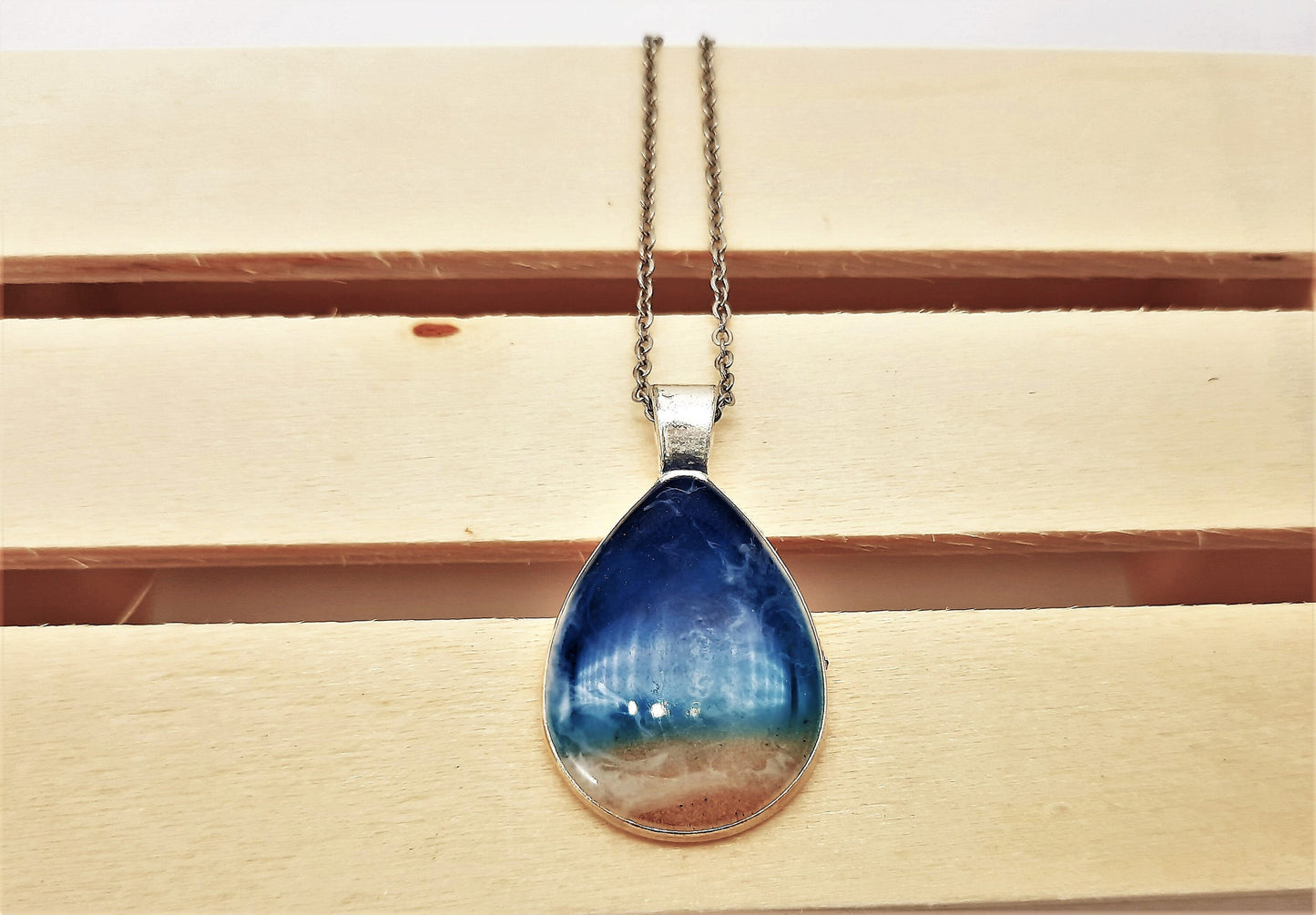 Resin Waves Teardrop Shaped Ocean Pendant / Beach Scene Necklace, Handmade with Resin and Real Sand - One of a Kind - Not a Photograph