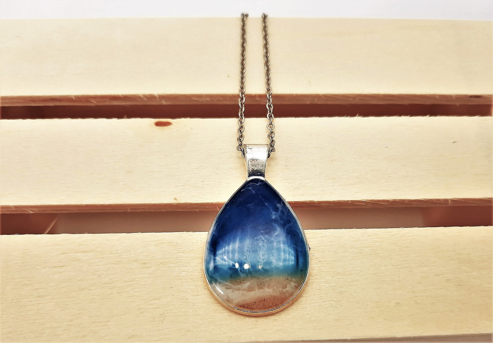 Resin Waves Teardrop Shaped Ocean Pendant / Beach Scene Necklace, Handmade with Resin and Real Sand - One of a Kind - Not a Photograph