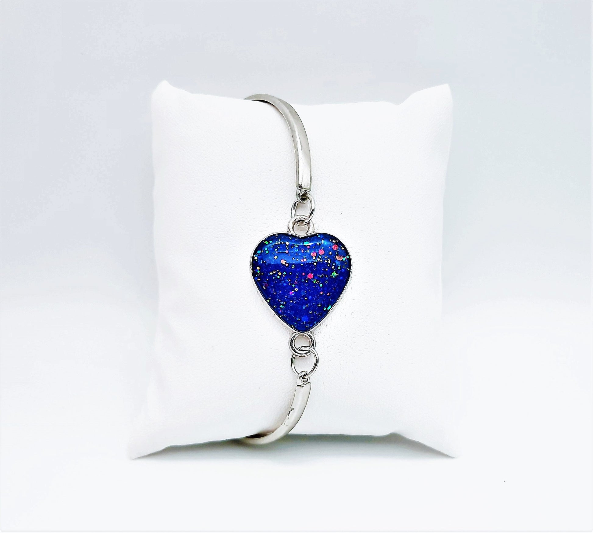 Handcrafted Iridescent Blue Heart Adjustable Bangle Bracelet-Made with Resin, Glitter, & Holographic Powder-Hypoallergenic Stainless Steel