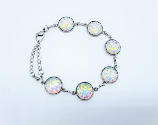 Handcrafted Iridescent White Resin Link Bracelet - Hypoallergenic Silver Stainless Steel - Adjustable Fit - Lobster Claw Closure