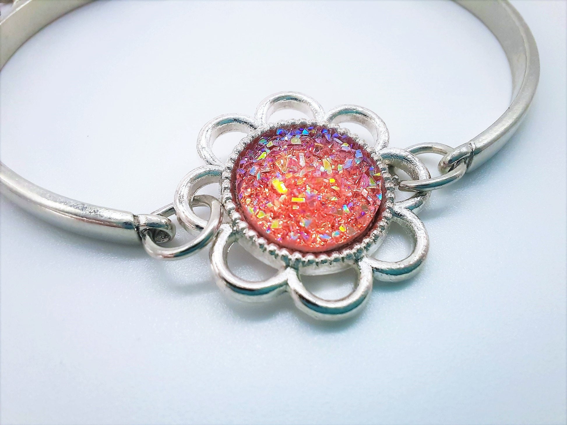 Handcrafted Flower Power Iridescent Pink Druzy Stainless Steel Adjustable Bangle Bracelet - Hypoallergenic