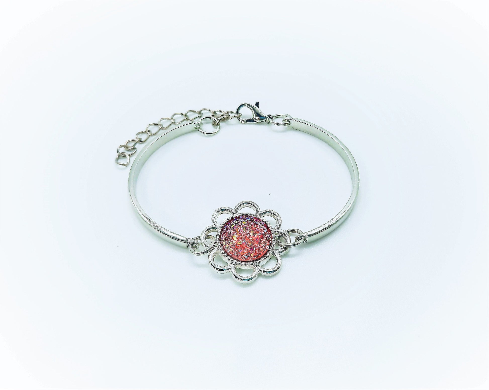 Handcrafted Flower Power Iridescent Pink Druzy Stainless Steel Adjustable Bangle Bracelet - Hypoallergenic