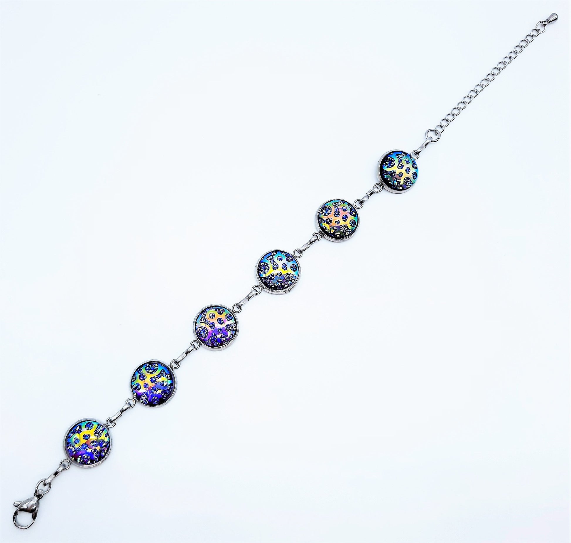 Handcrafted Purple Iridescent Resin Link Bracelet - Hypoallergenic Silver Stainless Steel - Adjustable Fit - Lobster Claw Closure