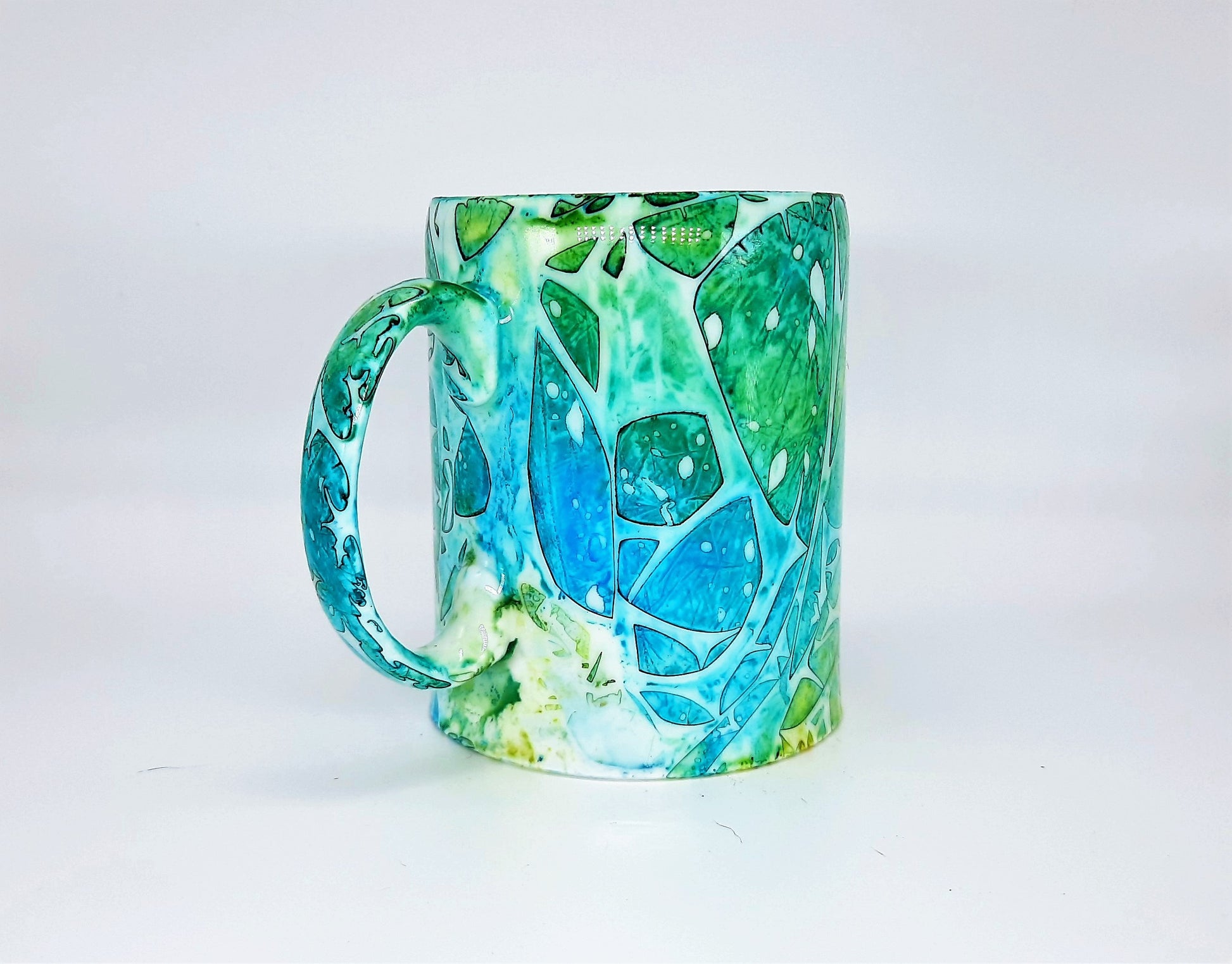 Blue & Green Abstract Alcohol Ink 12 oz Ceramic Coffee Mug, Handpainted and Sealed with Resin, One of a Kind, Unique, Bright