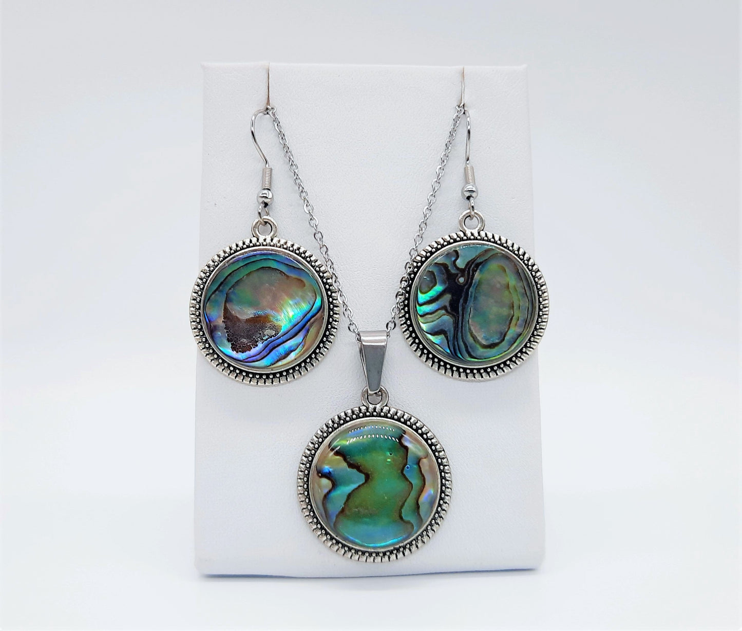 Abalone Shell / Paua Seashell Tibetan Style Pendant Necklace & Earring Set - Stainless Steel - Hypoallergenic
