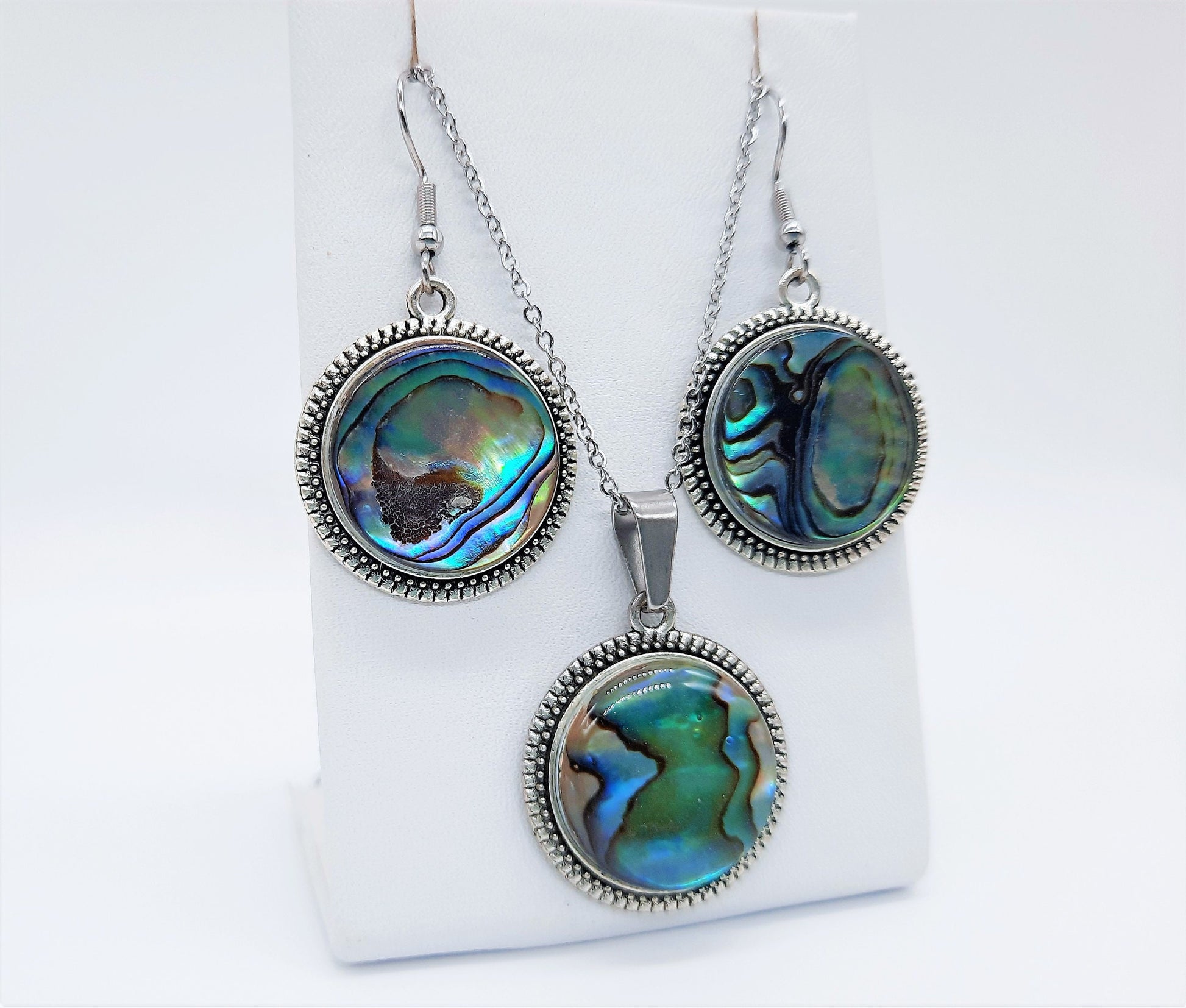 Abalone Shell / Paua Seashell Tibetan Style Pendant Necklace & Earring Set - Stainless Steel - Hypoallergenic