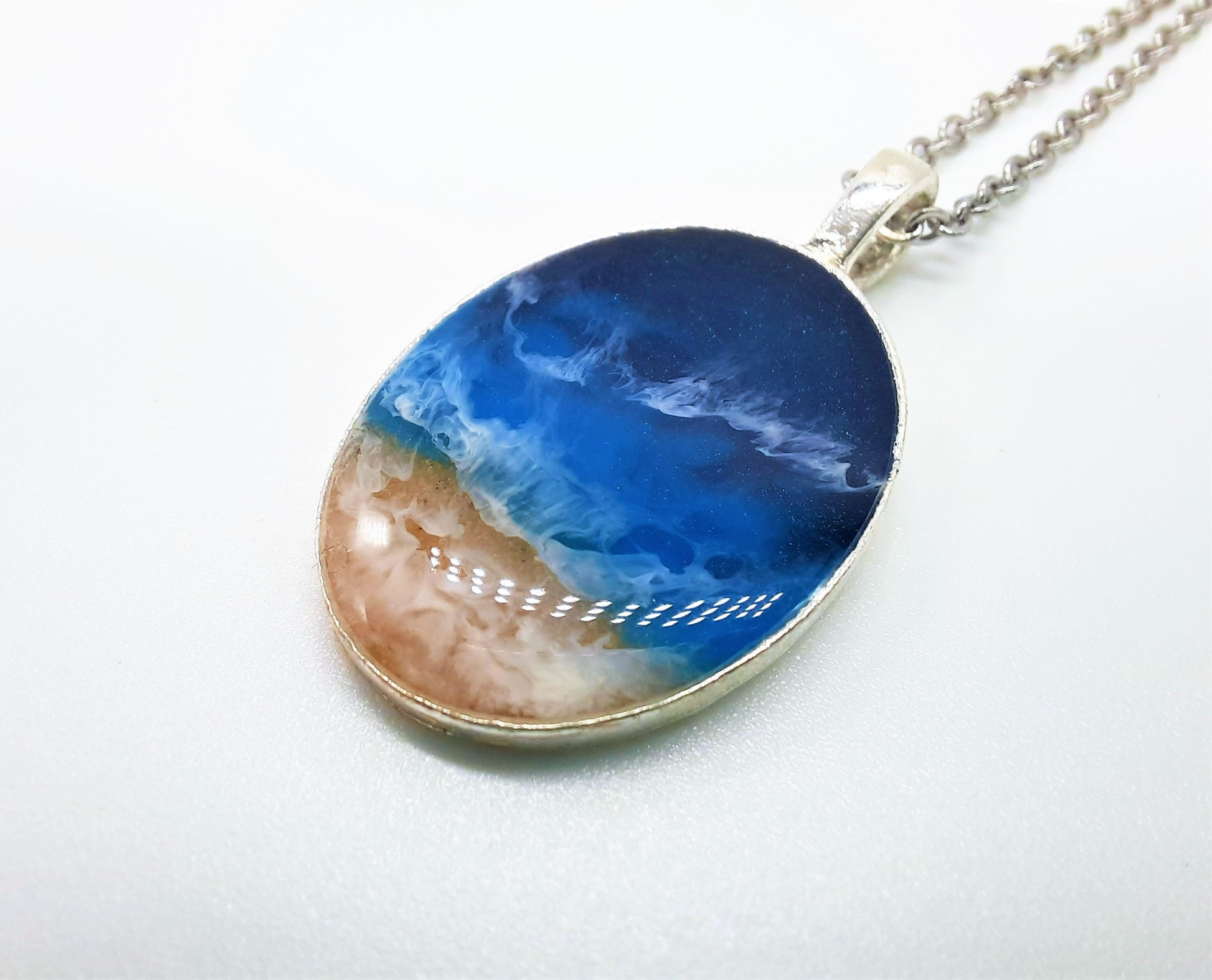 Resin Waves Large Oval Shaped Ocean Pendant / Beach Scene Necklace, Handmade Made with Resin & Real Sand - One of a Kind - Not a Photograph!