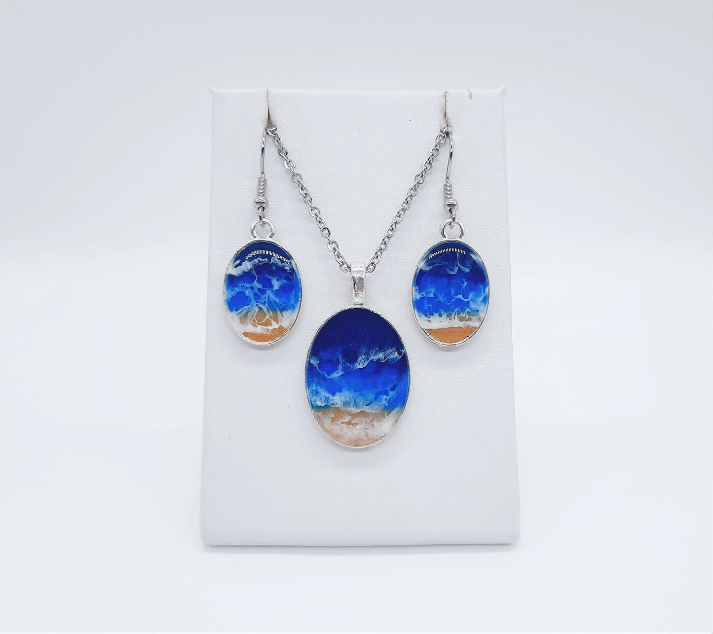 Resin Waves / Ocean Earrings & Necklace Set - Oval / Ocean Jewelry / Beach Scene / Made w/ Sand, Resin, Mica, Hypoallergenic Stainless Steel