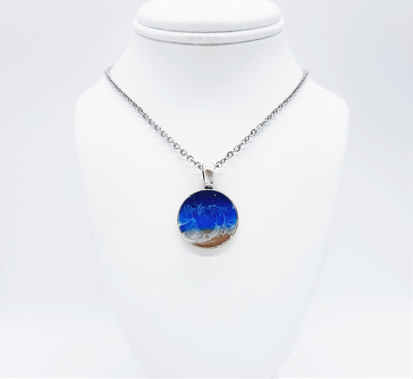 Resin Waves Small Round Shaped Ocean Pendant / Beach Scene Necklace, Handmade with Resin & Real Sand - One of a Kind - Not a Photograph!