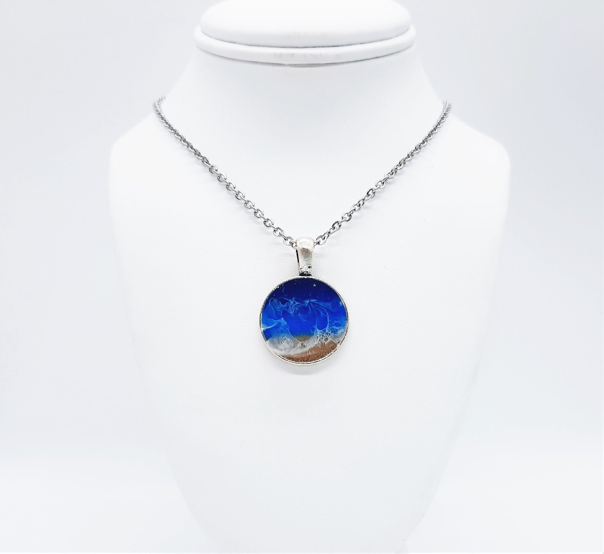 Resin Waves Small Round Shaped Ocean Pendant / Beach Scene Necklace, Handmade with Resin & Real Sand - One of a Kind - Not a Photograph!