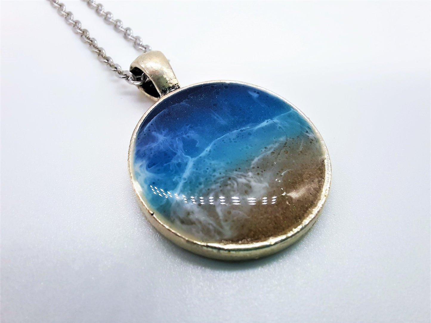 Resin Waves Medium Round Shaped Ocean Pendant / Beach Scene Necklace, Handmade with Resin & Real Sand - One of a Kind - Not a Photograph!