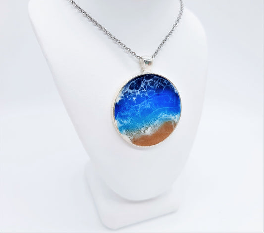 Resin Waves Extra Large Round Shaped Ocean Pendant / Beach Scene Necklace, Handmade w/ Resin & Real Sand - One of a Kind - Not a Photograph!