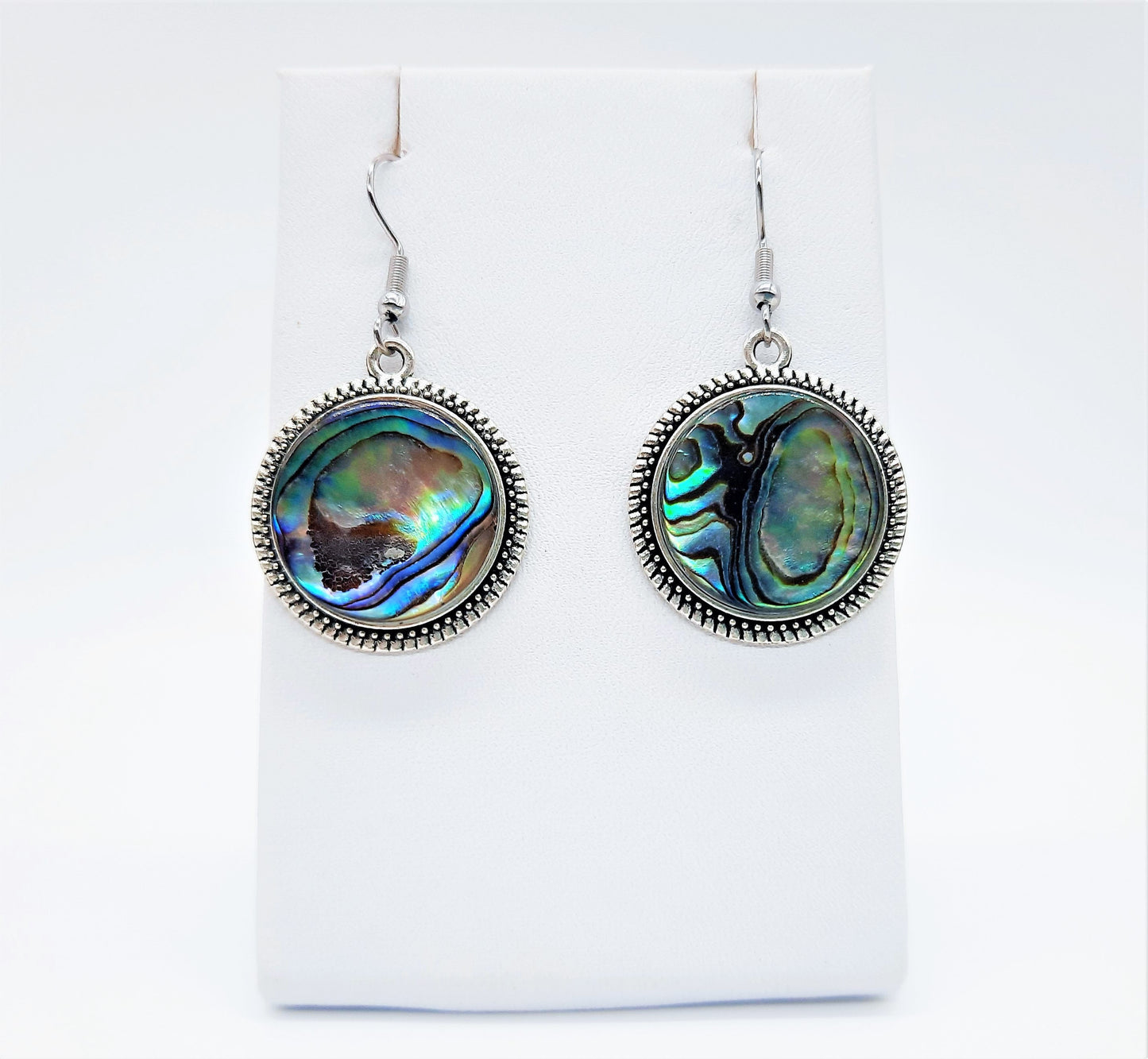 Abalone Shell / Paua Seashell Tibetan Style Pendant Necklace & Earring Set - Stainless Steel - Hypoallergenic