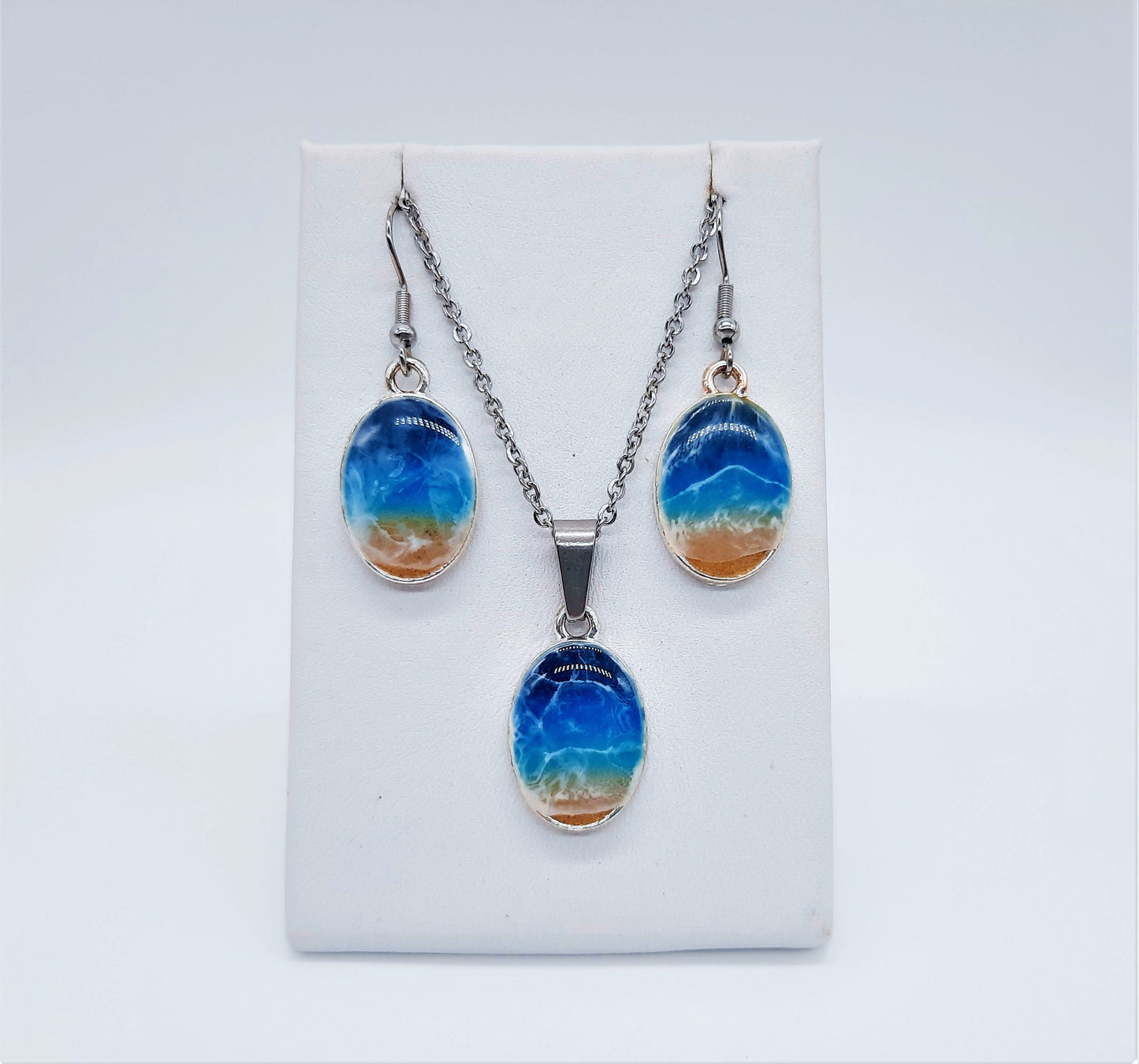 Resin Waves / Ocean Earrings & Necklace Set - Oval / Ocean Jewelry / Beach Scene / Made w/ Sand, Resin, Mica, Hypoallergenic Stainless Steel