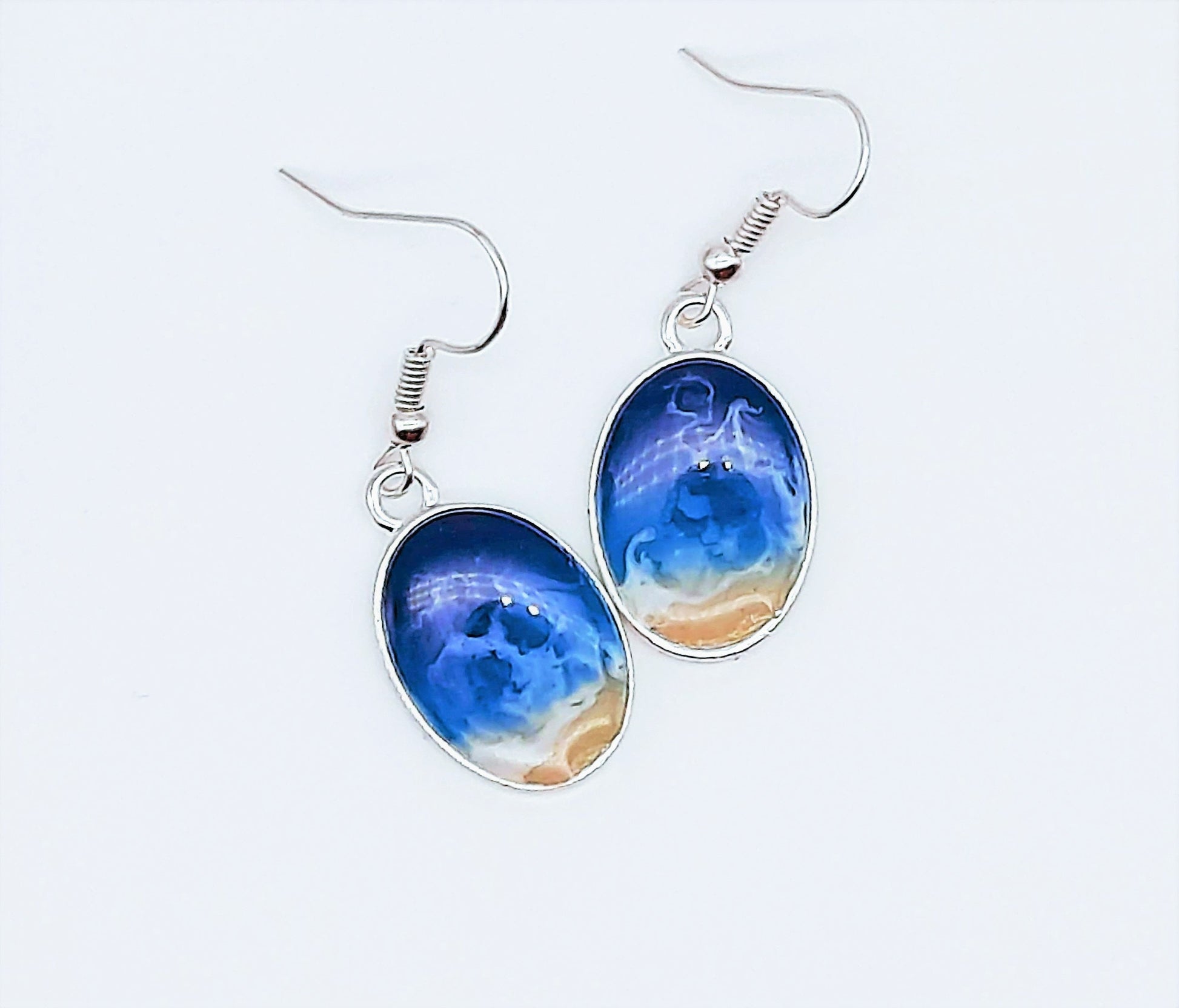 Resin Waves / Ocean Earrings & Necklace Set - Oval / Ocean Jewelry / Beach Scene / Made w/ Sand, Resin, Mica, Hypoallergenic Stainless Steel