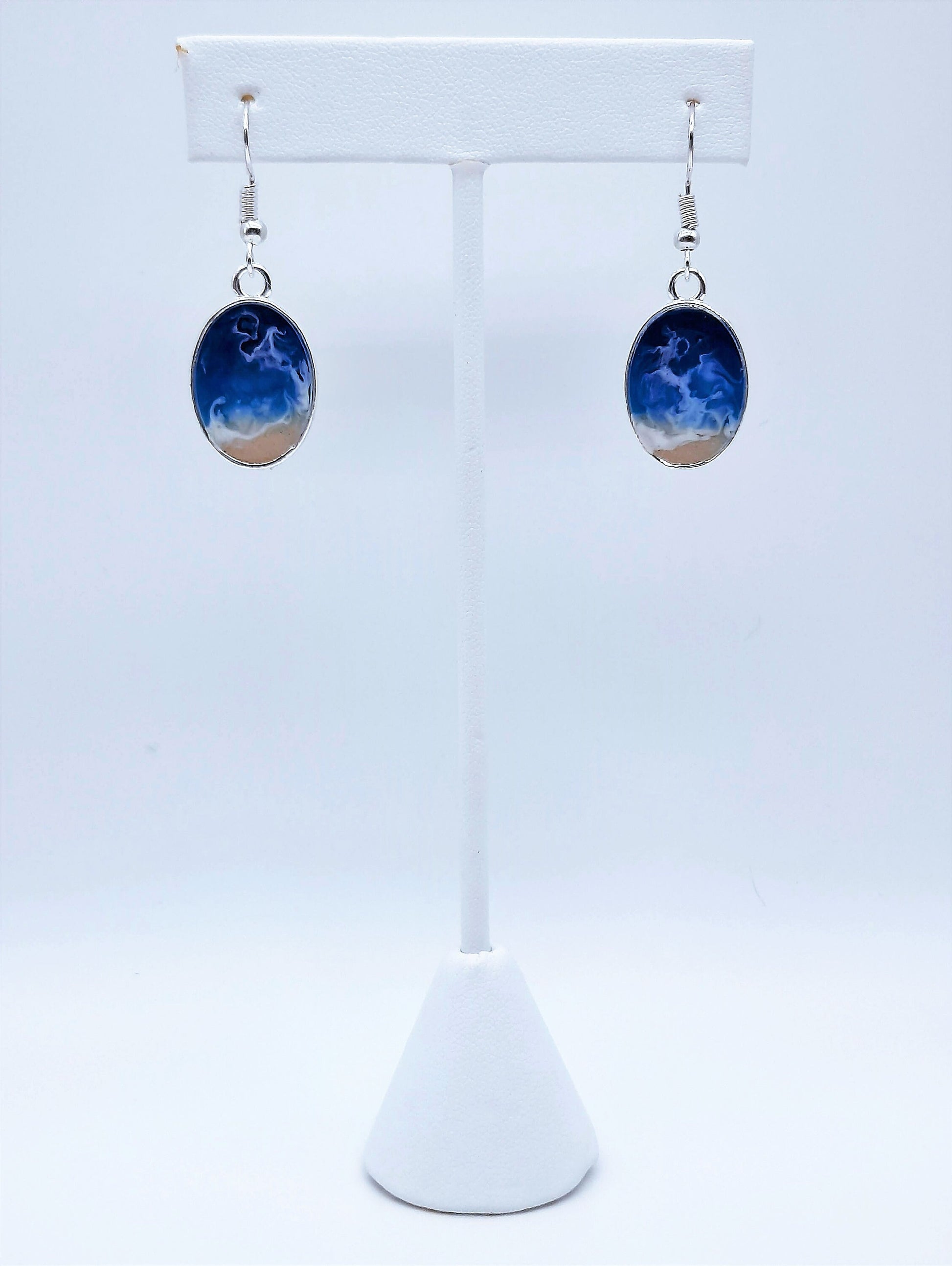 Resin Waves / Ocean Earrings & Necklace Set - Oval / Ocean Jewelry / Beach Scene / Made w/ Sand, Resin, Mica, Hypoallergenic Stainless Steel