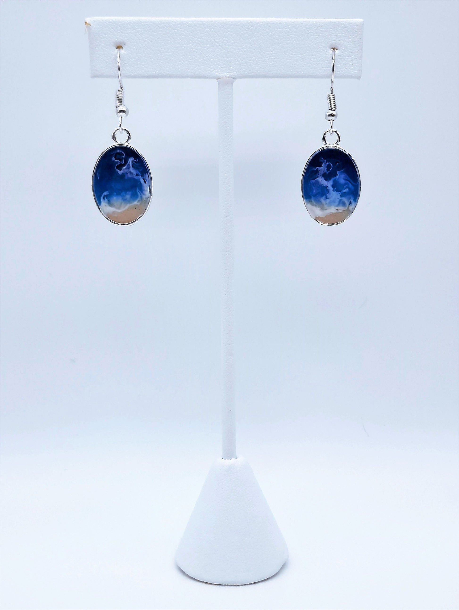 Resin Waves / Ocean Earrings & Necklace Set - Oval / Ocean Jewelry / Beach Scene / Made w/ Sand, Resin, Mica, Hypoallergenic Stainless Steel