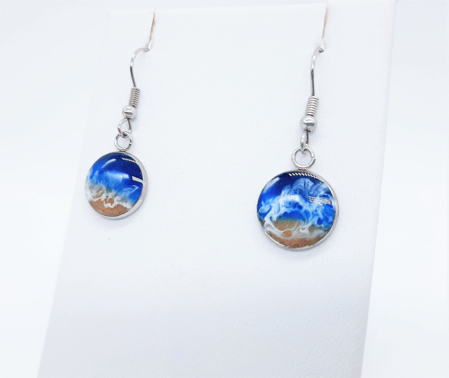 Real Sand Resin Waves Small Round Ocean Earrings/Beach Scene/Seascape Earrings/Made w/ Sand, Resin, Mica, & Hypoallergenic Stainless Steel