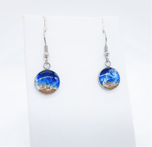 Real Sand Resin Waves Small Round Ocean Earrings/Beach Scene/Seascape Earrings/Made w/ Sand, Resin, Mica, & Hypoallergenic Stainless Steel