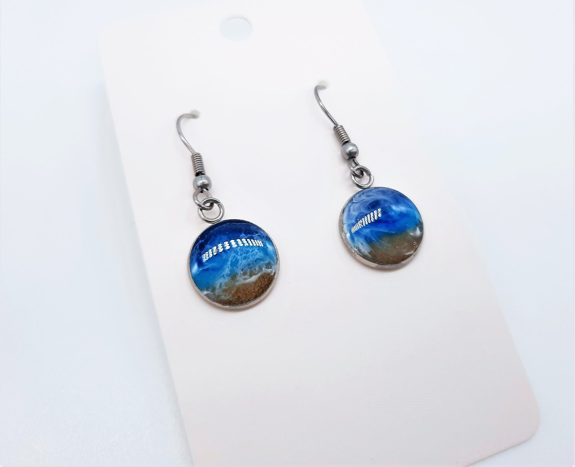 Real Sand Resin Waves Small Round Ocean Earrings/Beach Scene/Seascape Earrings/Made w/ Sand, Resin, Mica, & Hypoallergenic Stainless Steel