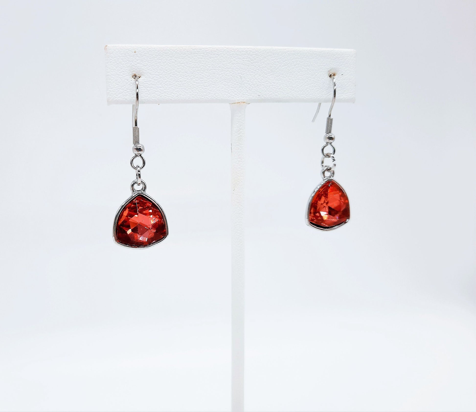 Handmade / Handcrafted Multifaceted Red Rhinestone Triangle Pendant Earrings - Hypoallergenic Stainless Steel Ear Wire Hooks - Ruby / Garnet