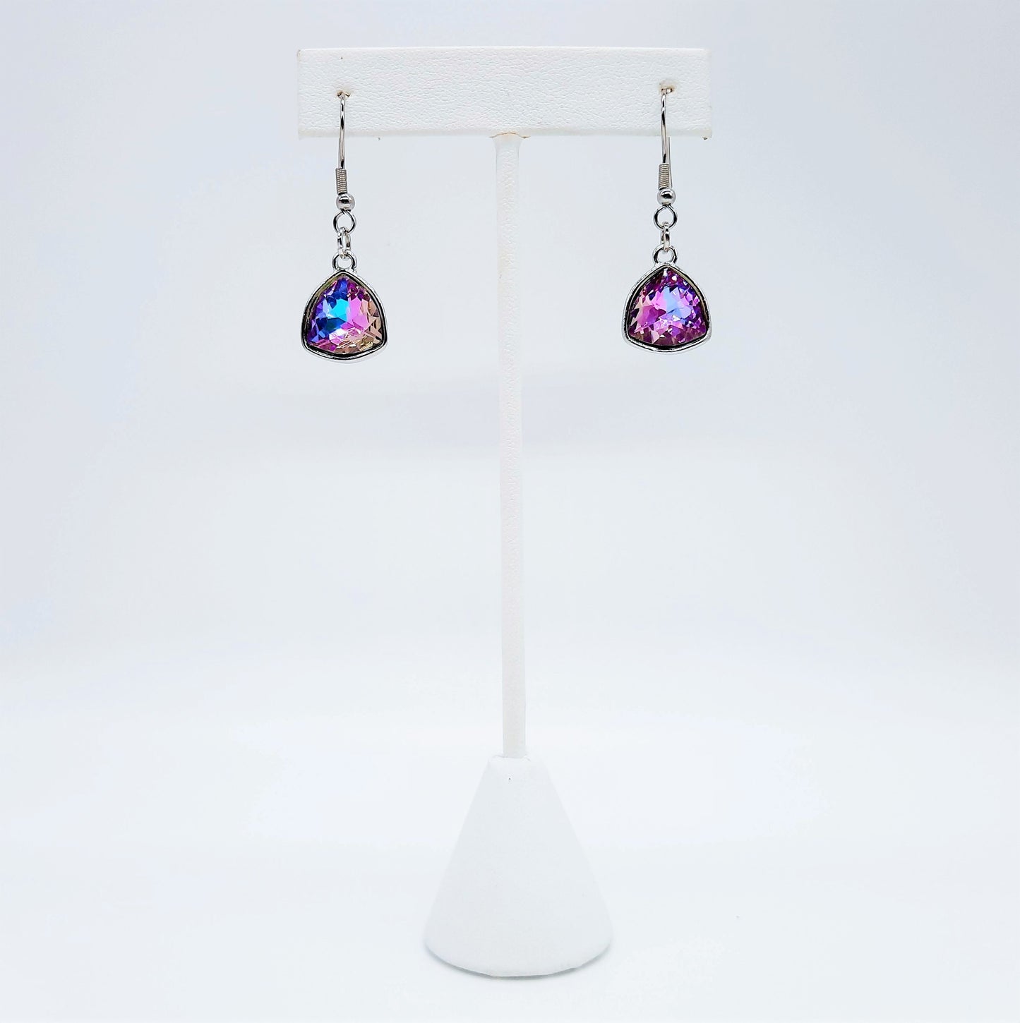 Handmade / Handcrafted Multifaceted Purple Rhinestone Triangle Pendant Earrings - Hypoallergenic Stainless Steel Ear Wire Hooks - Amethyst