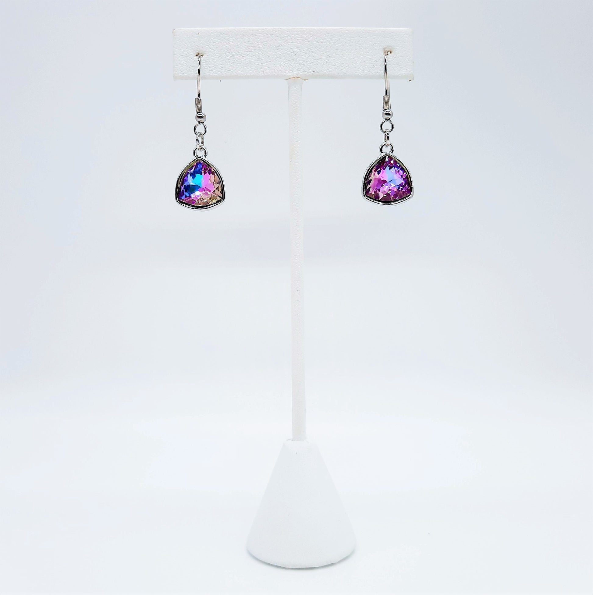 Handmade / Handcrafted Multifaceted Purple Rhinestone Triangle Pendant Earrings - Hypoallergenic Stainless Steel Ear Wire Hooks - Amethyst
