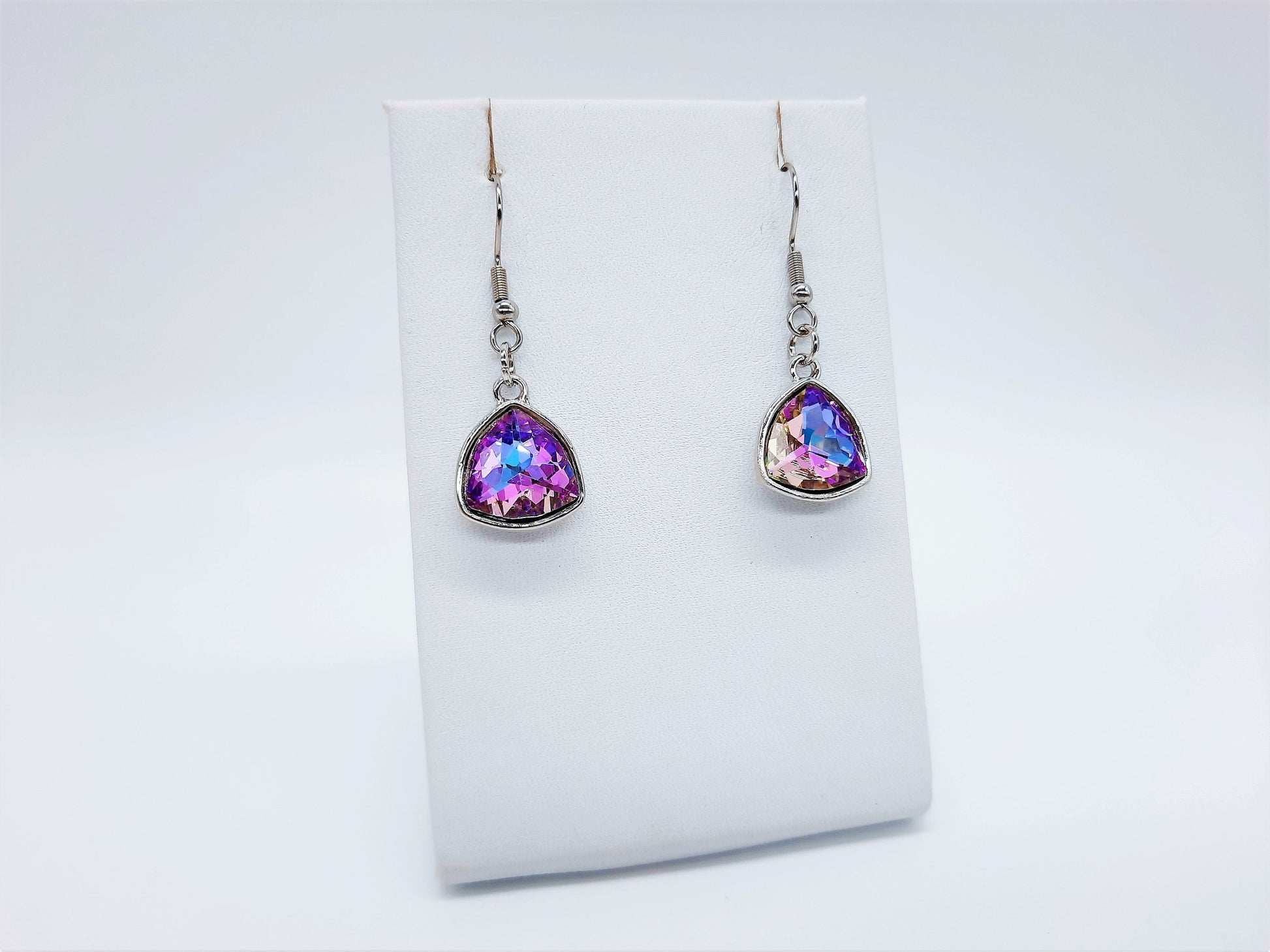 Handmade / Handcrafted Multifaceted Purple Rhinestone Triangle Pendant Earrings - Hypoallergenic Stainless Steel Ear Wire Hooks - Amethyst