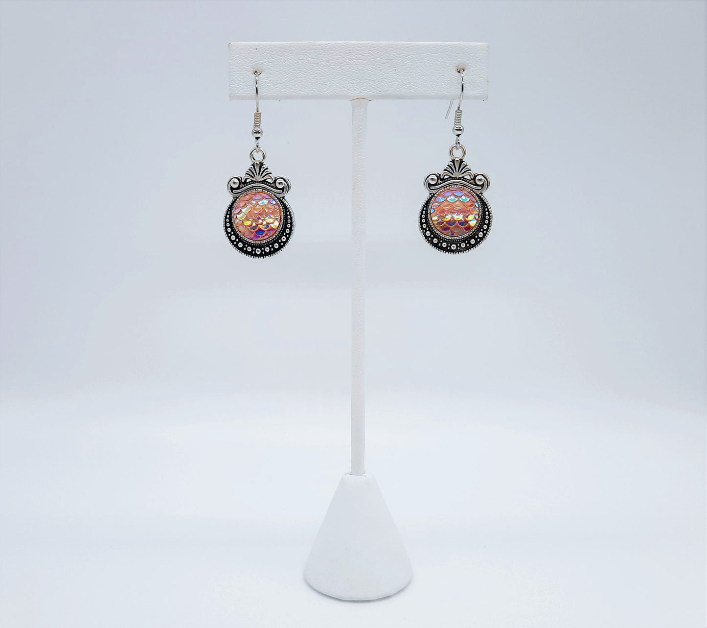 Iridescent Pink Mermaid Scale / Dragon Scale / Fish Scale Earrings / Antique Tibetan Look / Made with Hypo-allergenic Stainless Steel Hooks