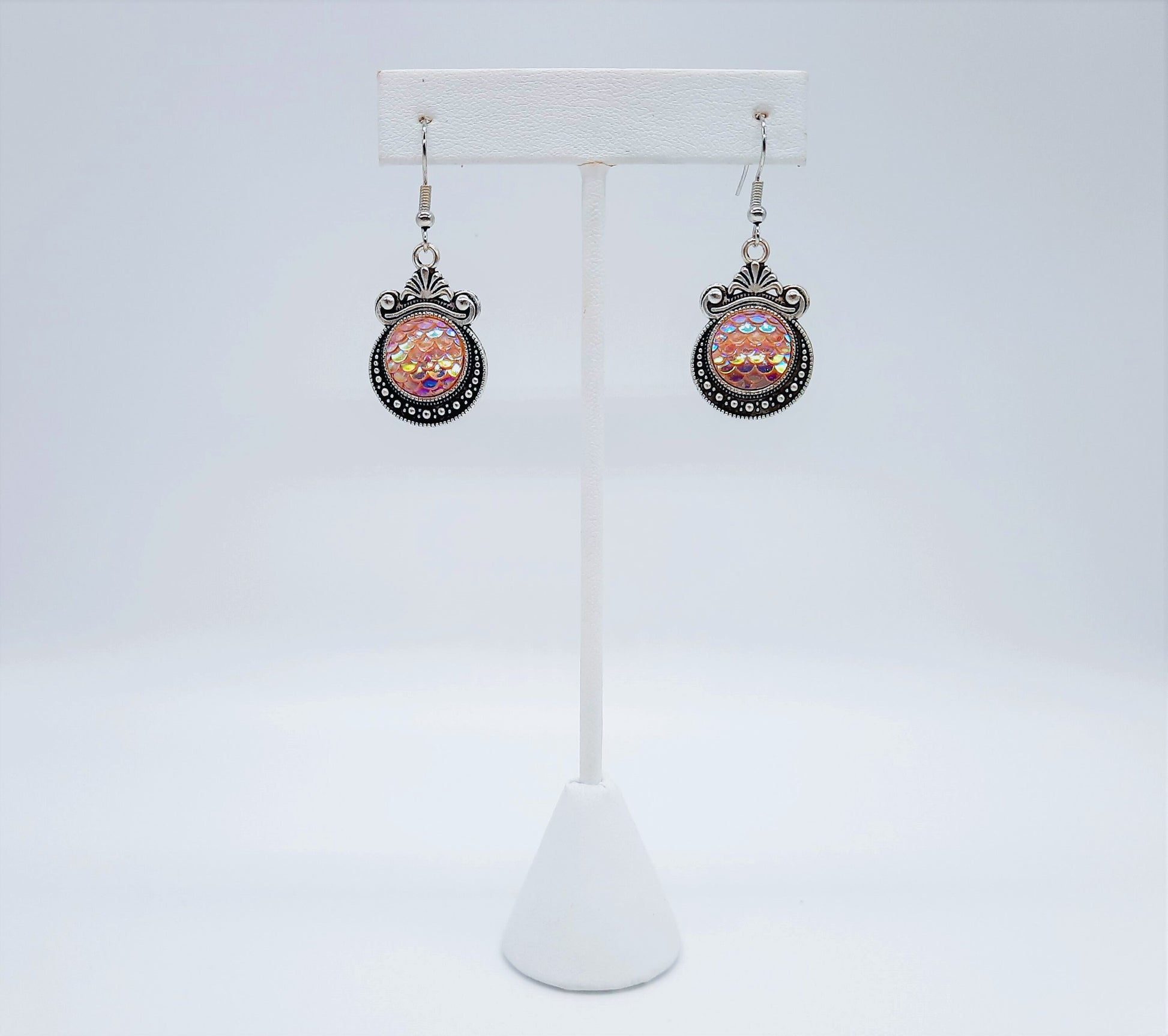 Iridescent Pink Mermaid Scale / Dragon Scale / Fish Scale Earrings / Antique Tibetan Look / Made with Hypo-allergenic Stainless Steel Hooks