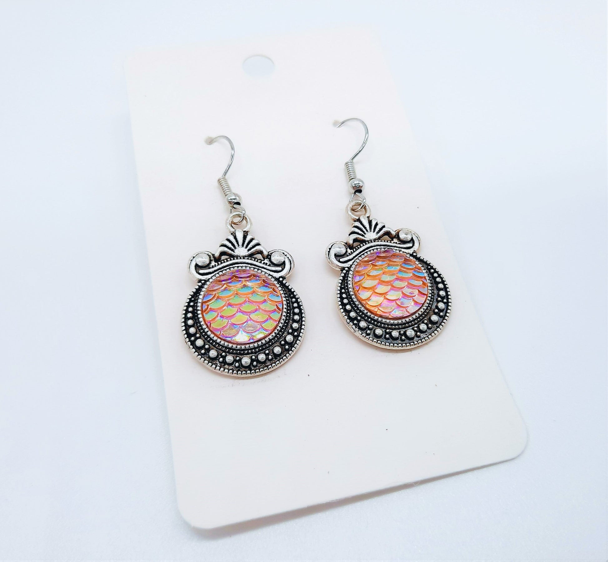 Iridescent Pink Mermaid Scale / Dragon Scale / Fish Scale Earrings / Antique Tibetan Look / Made with Hypo-allergenic Stainless Steel Hooks