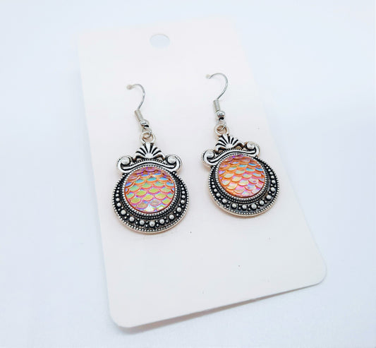 Iridescent Pink Mermaid Scale / Dragon Scale / Fish Scale Earrings / Antique Tibetan Look / Made with Hypo-allergenic Stainless Steel Hooks