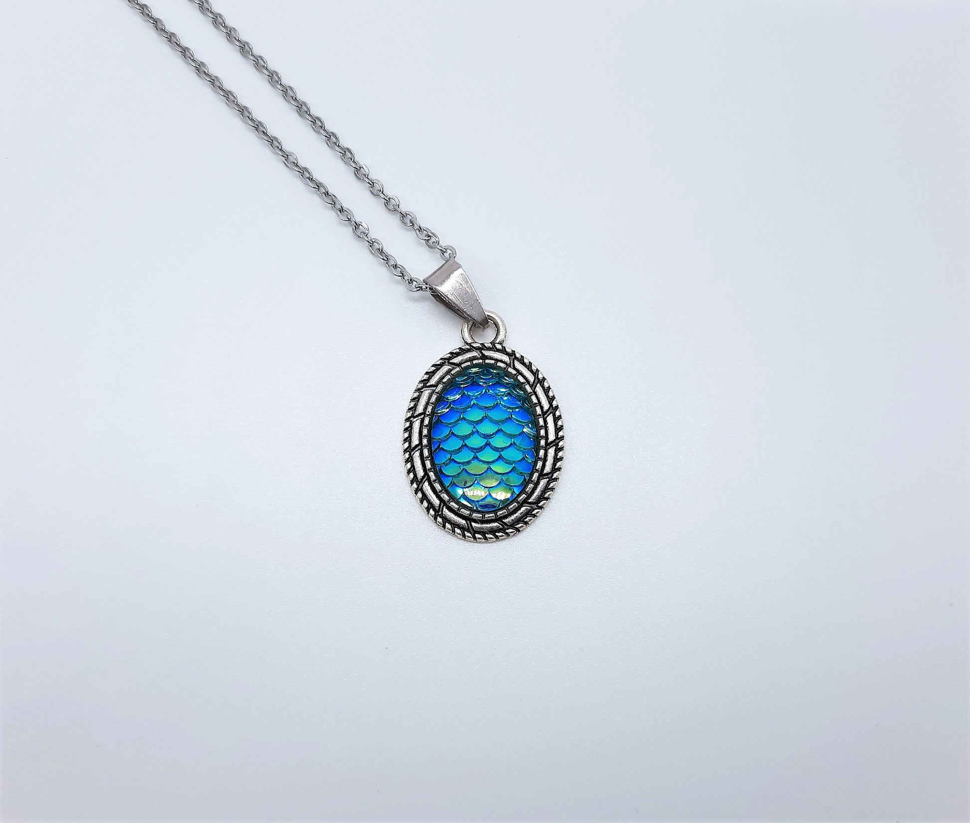 Iridescent Blue Oval Mermaid Scale / Dragon Scale / Fish Scale Pendant Necklace / Antique Tibetan Look / Made with Hypoallergenic Steel