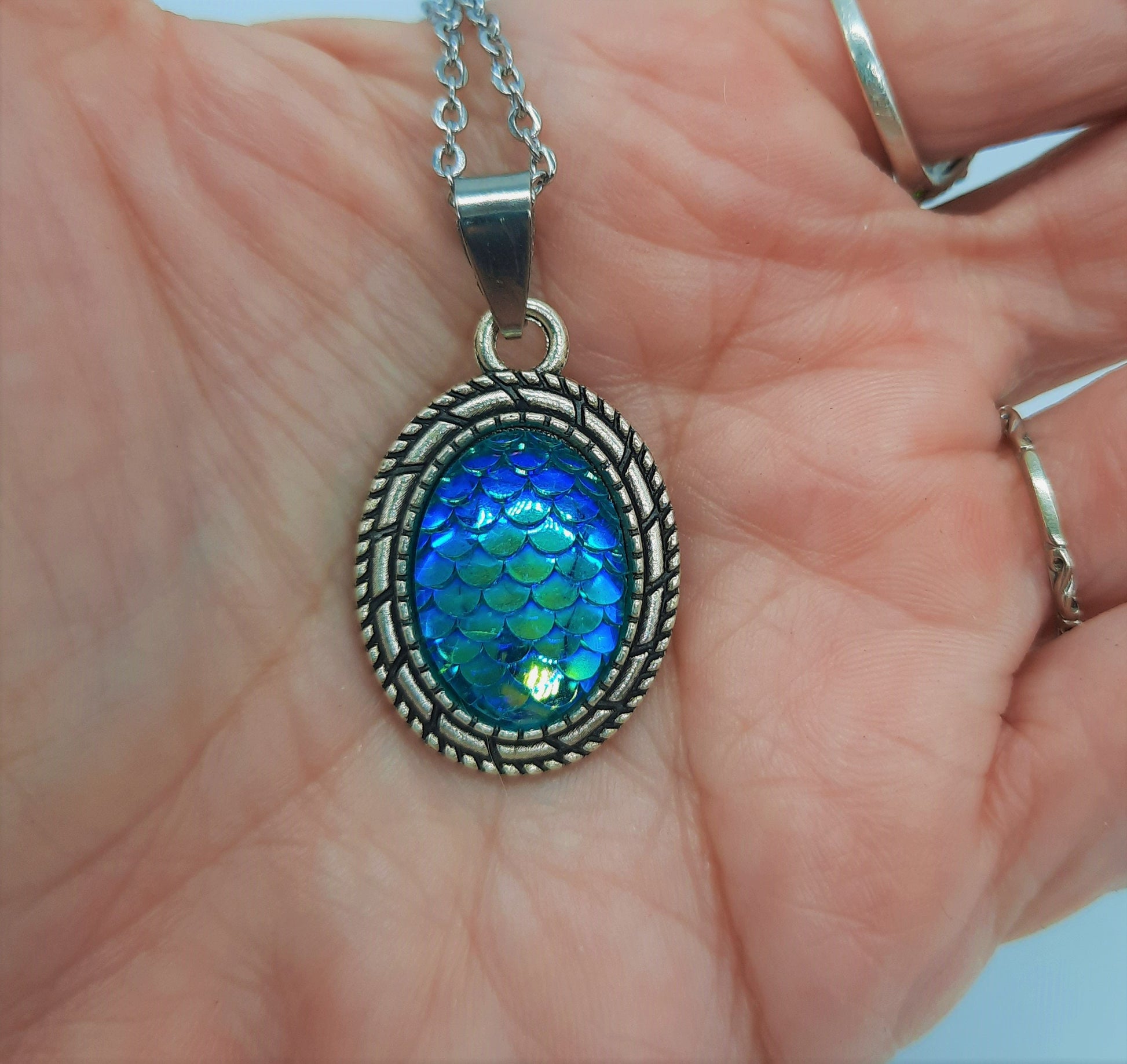 Iridescent Blue Oval Mermaid Scale / Dragon Scale / Fish Scale Pendant Necklace / Antique Tibetan Look / Made with Hypoallergenic Steel