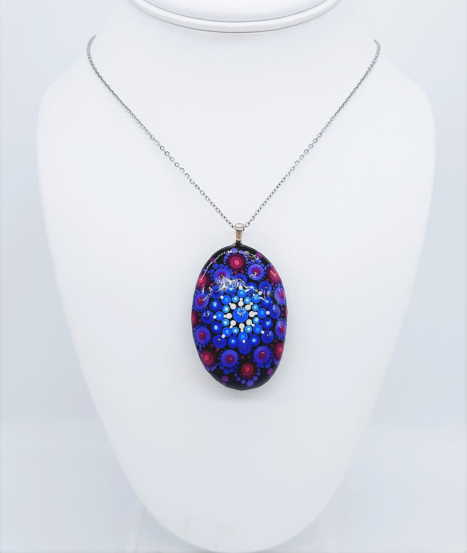 Handpainted Purple / Blue Mandala Necklace, Stone / Rock Pendant, Sealed w Resin, Hypoallergenic Stainless Steel Chain, Lobster Claw Closure