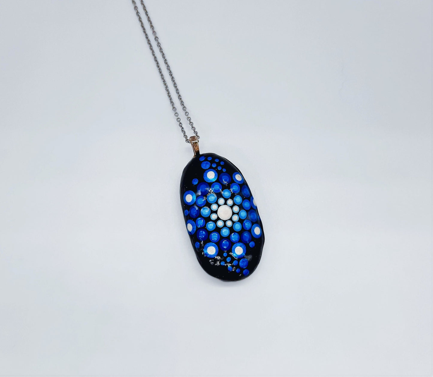 Handpainted Blue Dot Mandala Necklace, Stone / Rock Pendant, Sealed w/ Resin, Hypoallergenic Stainless Steel Chain, Lobster Claw Closure